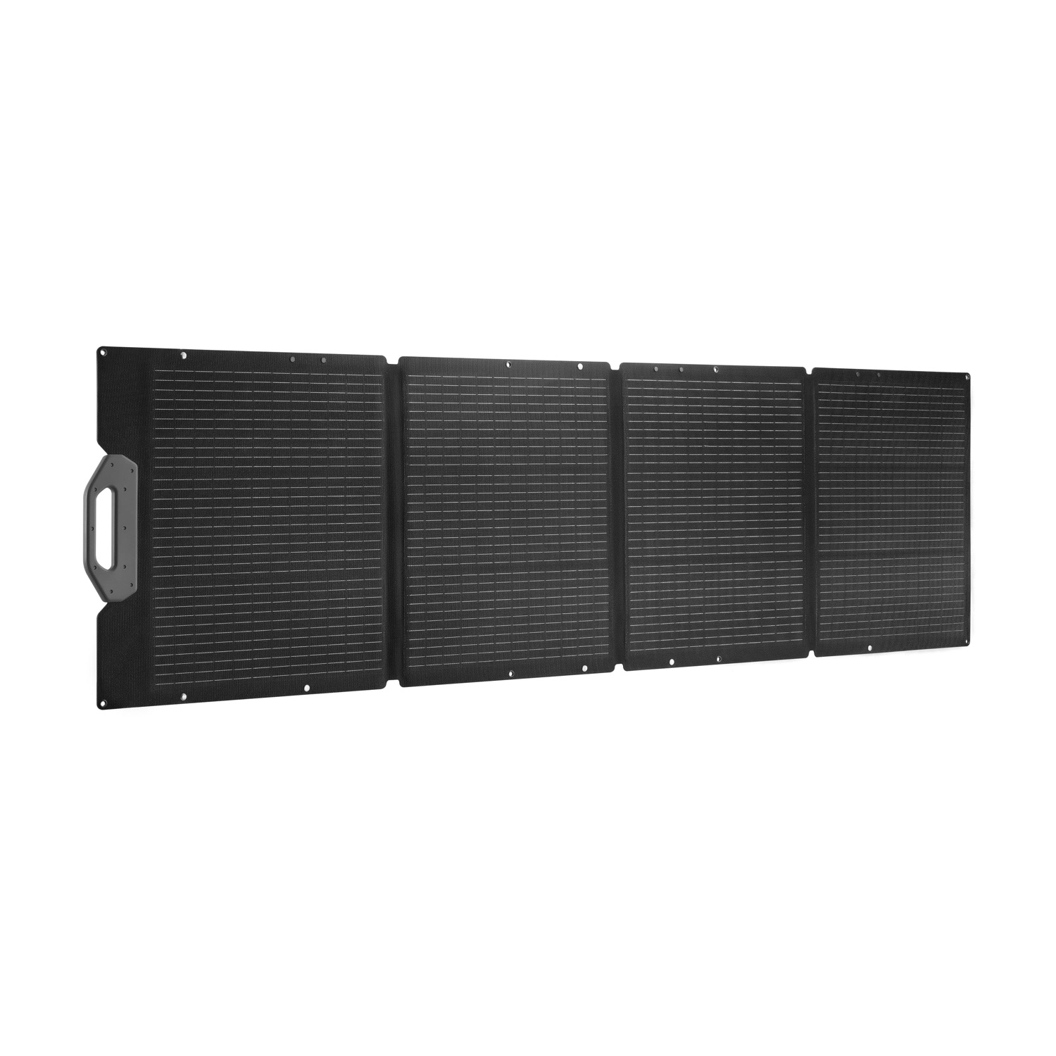 Pannello solare pieghevole nero a quattro sezioni con maniglia.