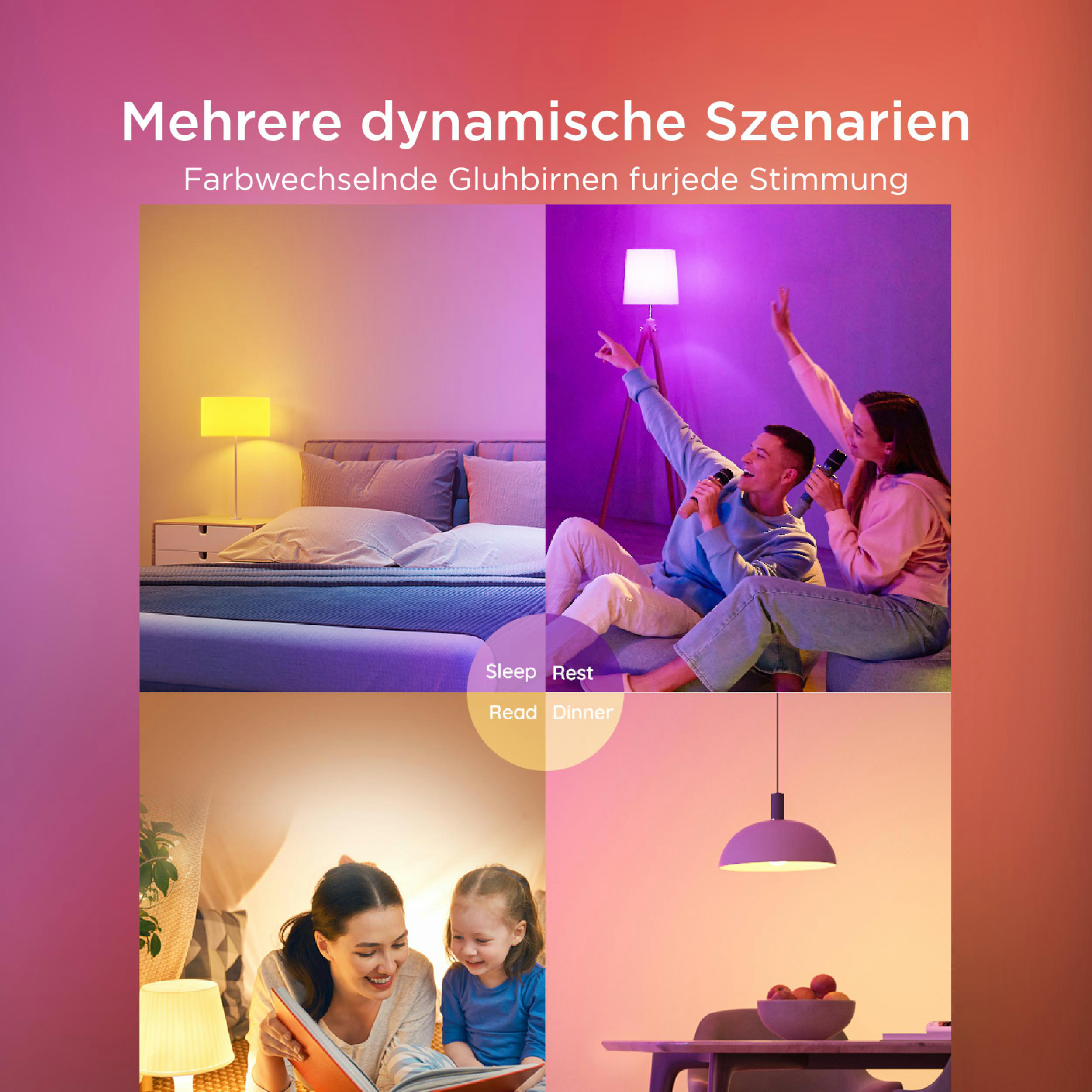 Vier Szenen: Bett, Karaoke, Lesen, Essen, mit farbwechselndem Licht.