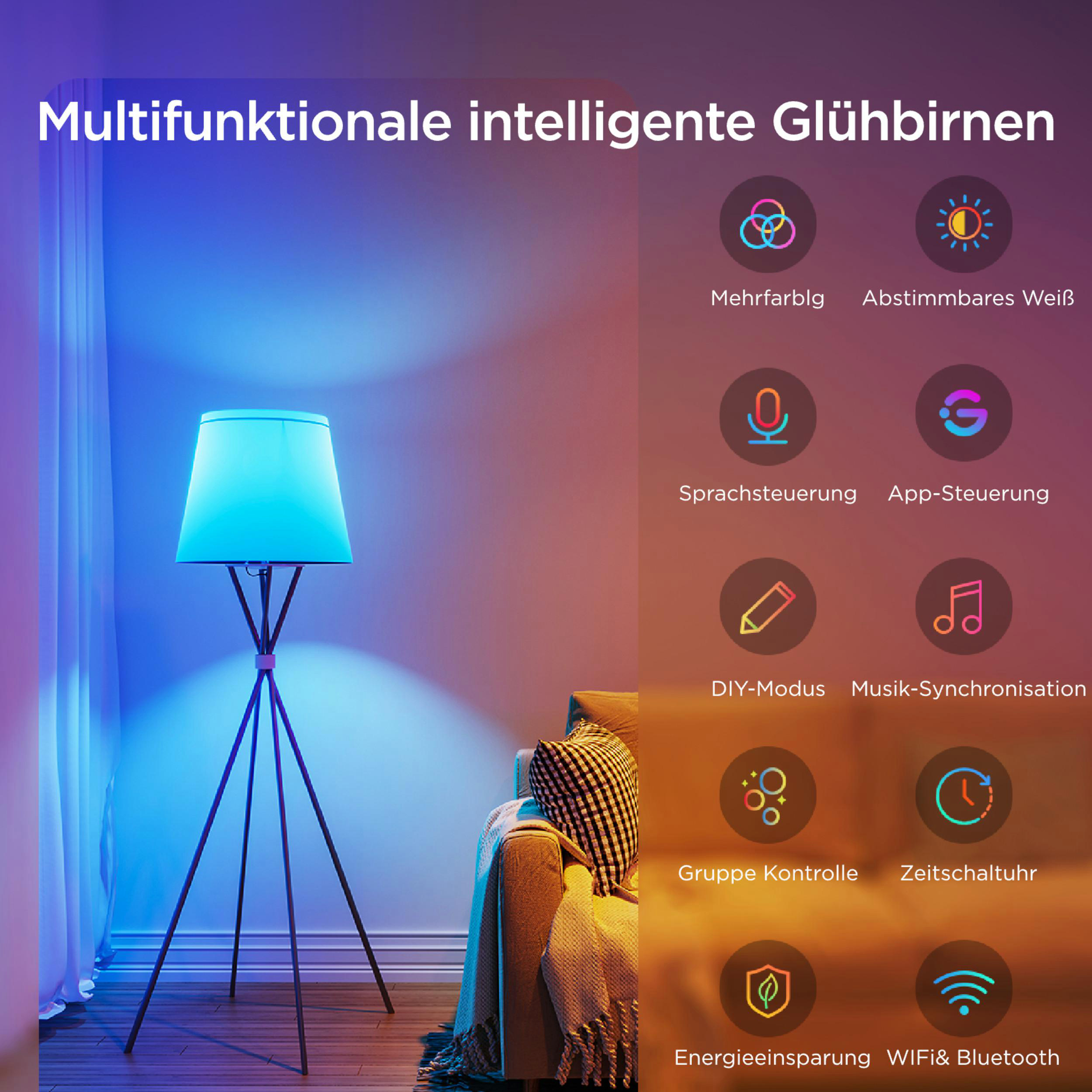 Multifunktionale Glühbirne mit vielen Optionen: Farbe, Weiß, Sprach-/App-Steuerung.