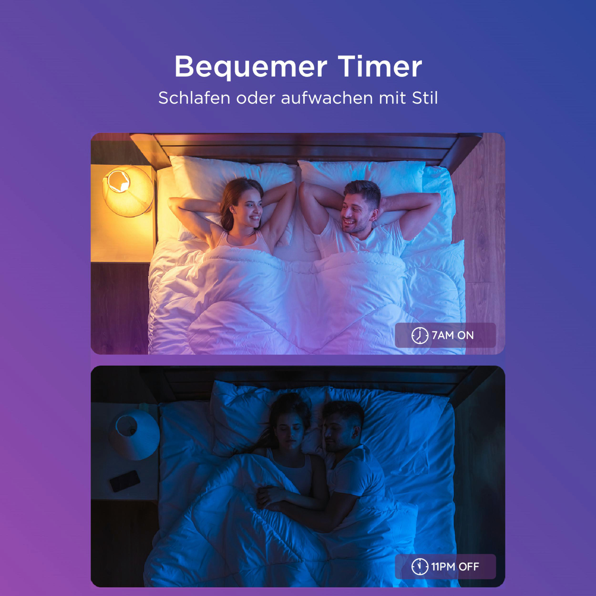 Ein Paar liegt im Bett, umgeben von lila und blauem Licht. 7 Uhr morgens wird angezeigt.