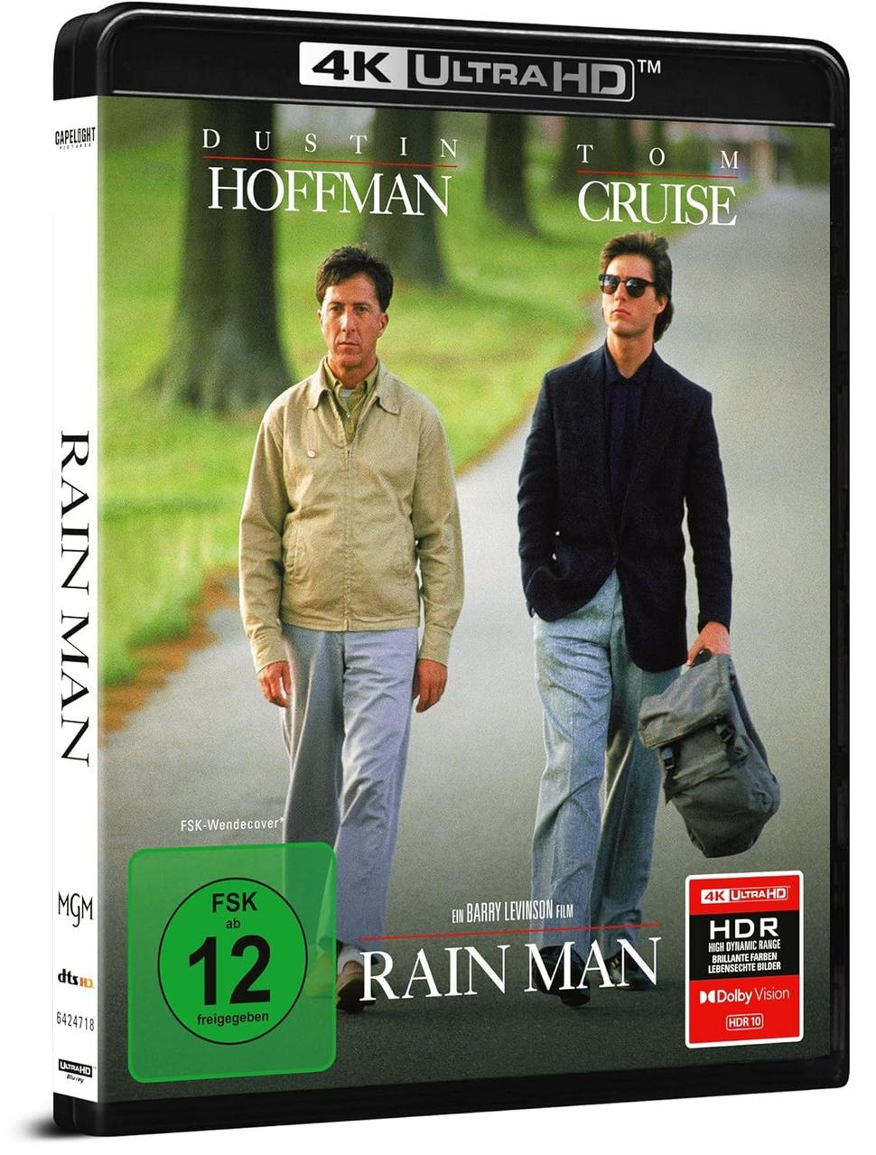 Dustin Hoffman und Tom Cruise stehen draußen. 4K Ultra HD 'Rain Man' Blu-ray.