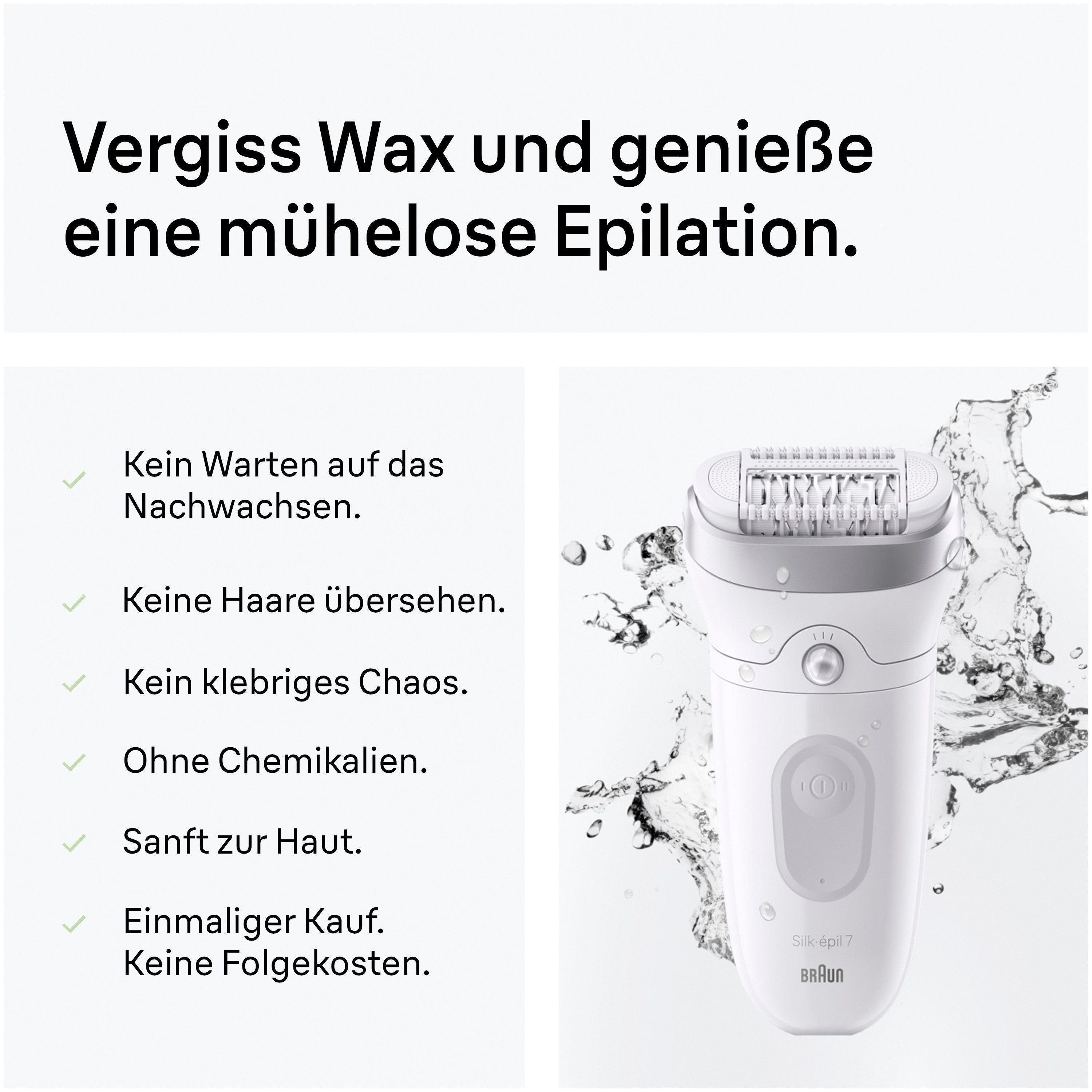 Ein weißer Epilierer mit Wasser spritzt. Vorteile werden aufgelistet.
