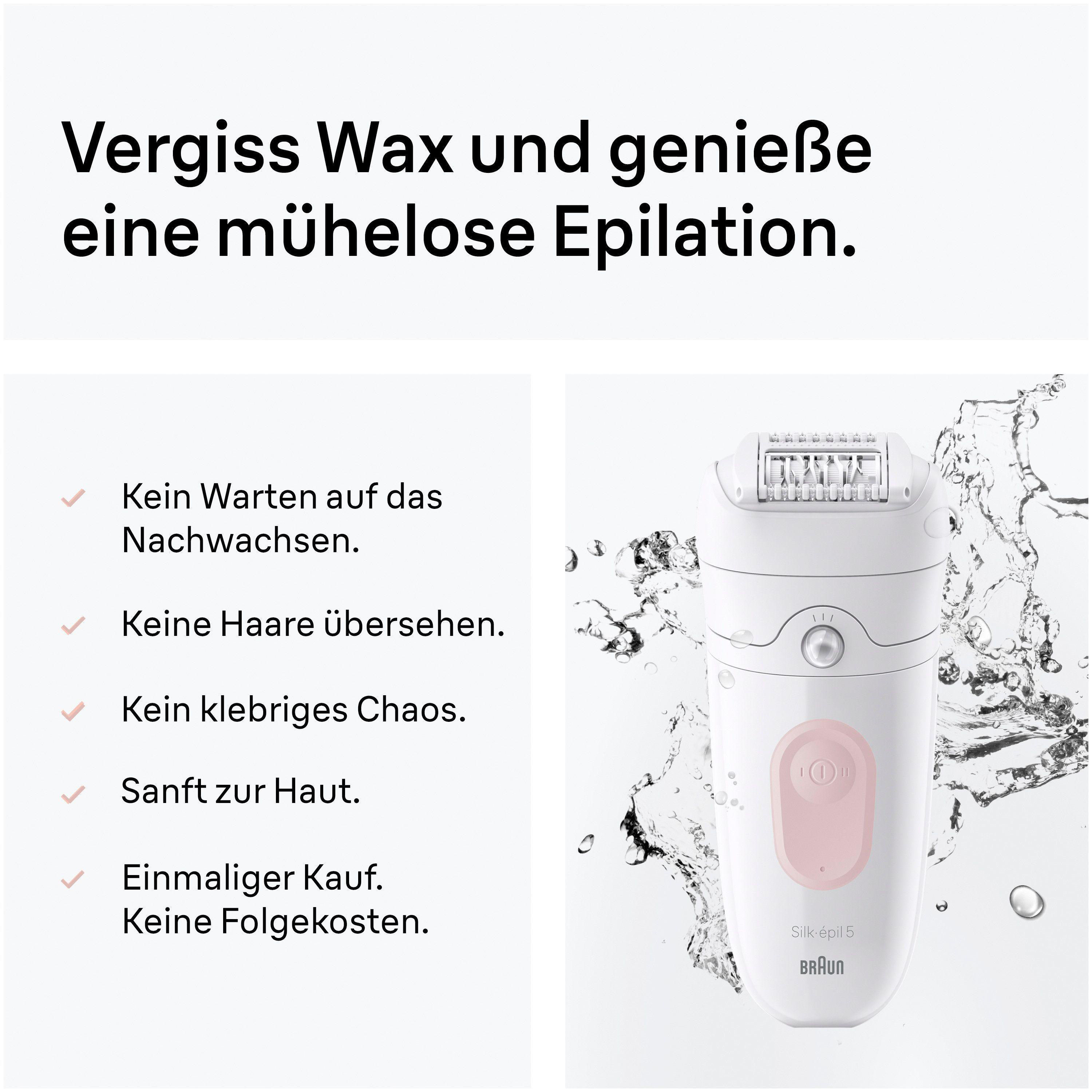 Ein weißer Epilierer von Braun mit Wasser spritzt daneben. "Vergiss Wax" steht oben.