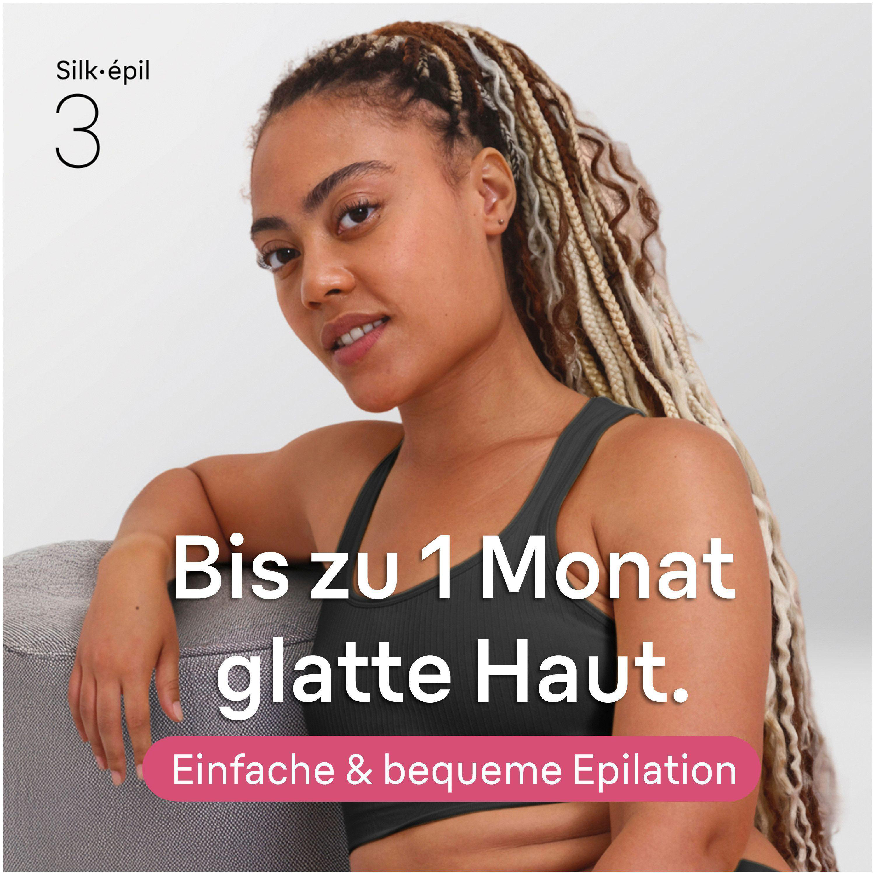 Frau mit geflochtenen Haaren trägt schwarzes Top. Text: Bis zu 1 Monat glatte Haut.