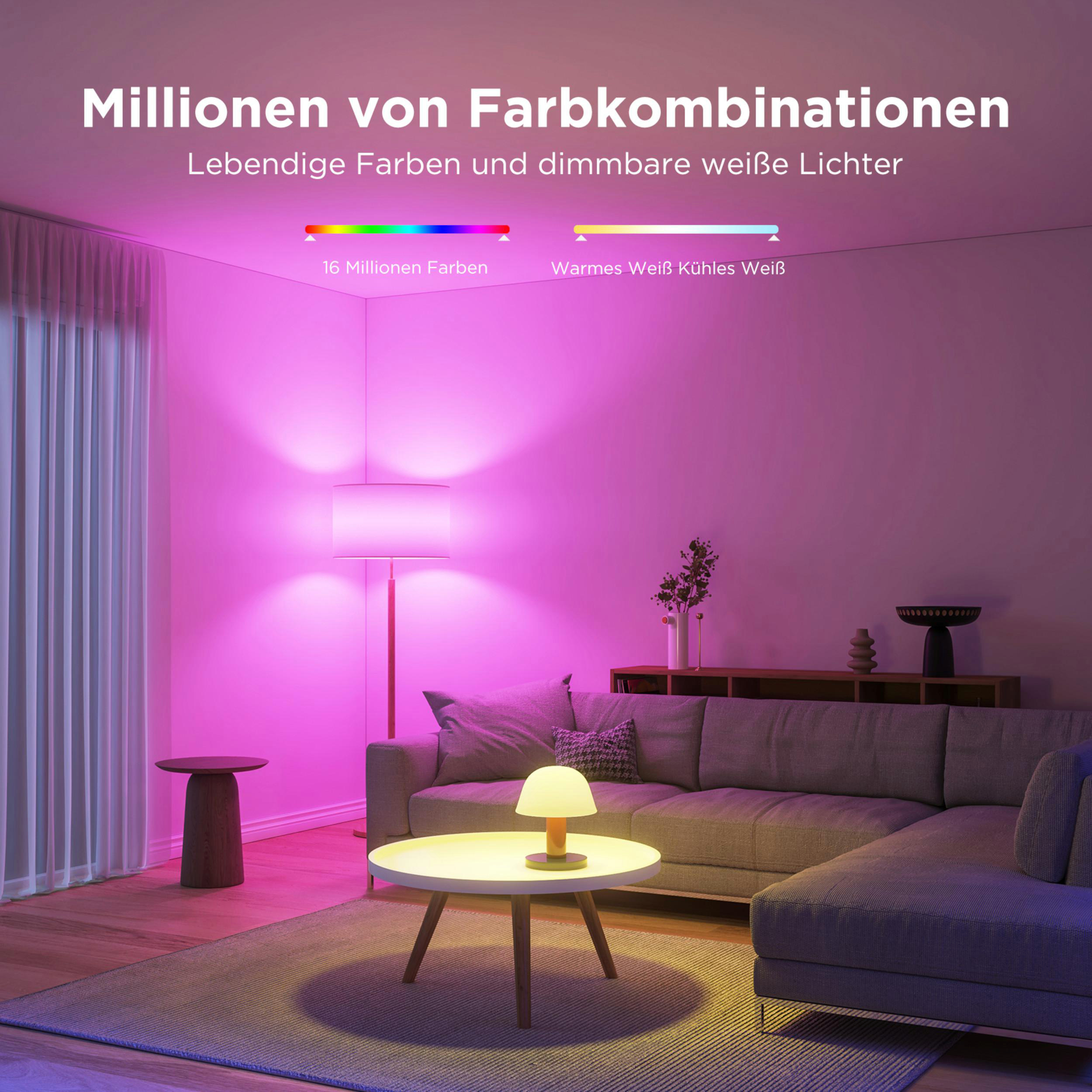 Ein Wohnzimmer mit pinkfarbener Beleuchtung, Sofa, Couchtisch und Lampe.