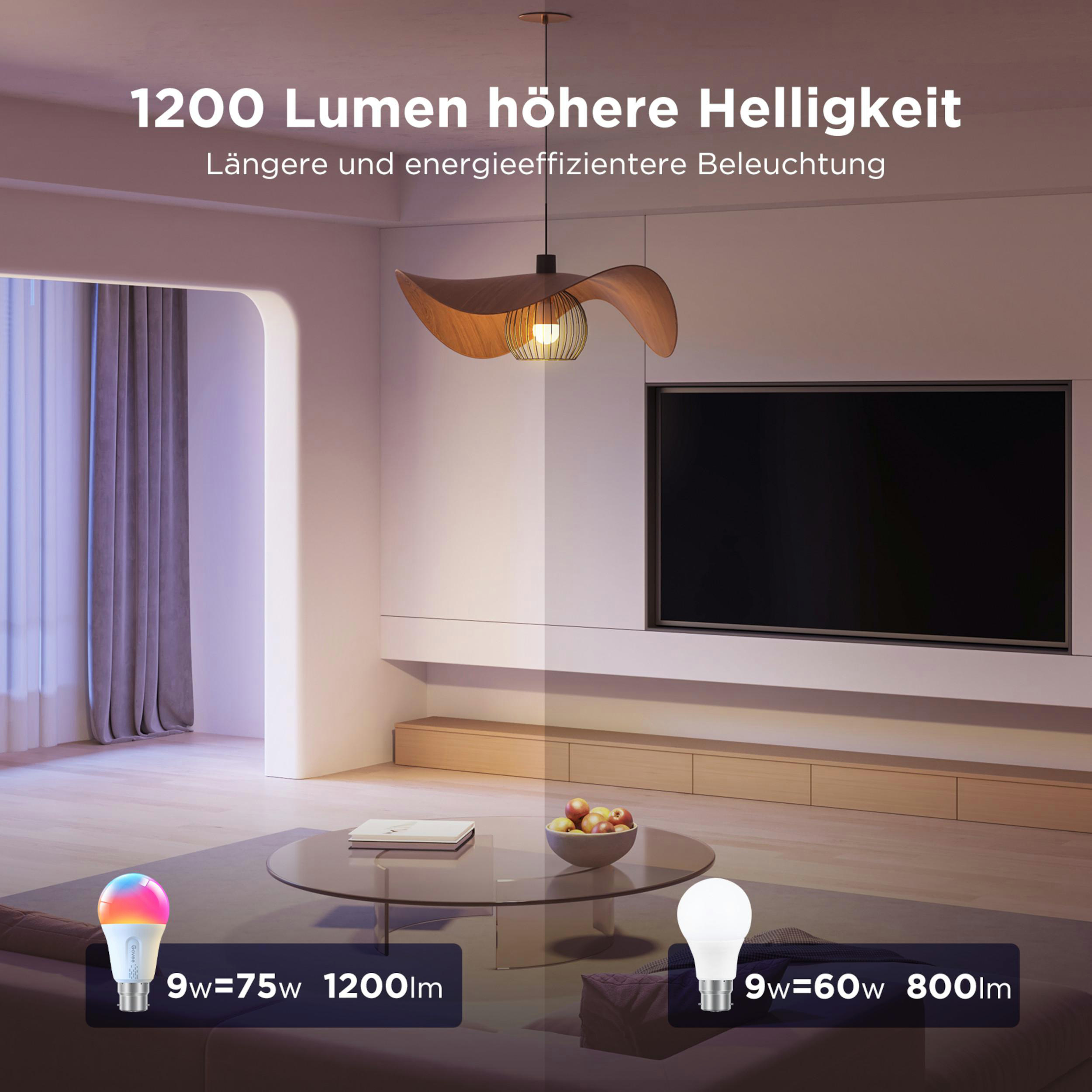 Moderne Wohnzimmer mit Hängelampe, Fernseher und zwei Glühbirnen.