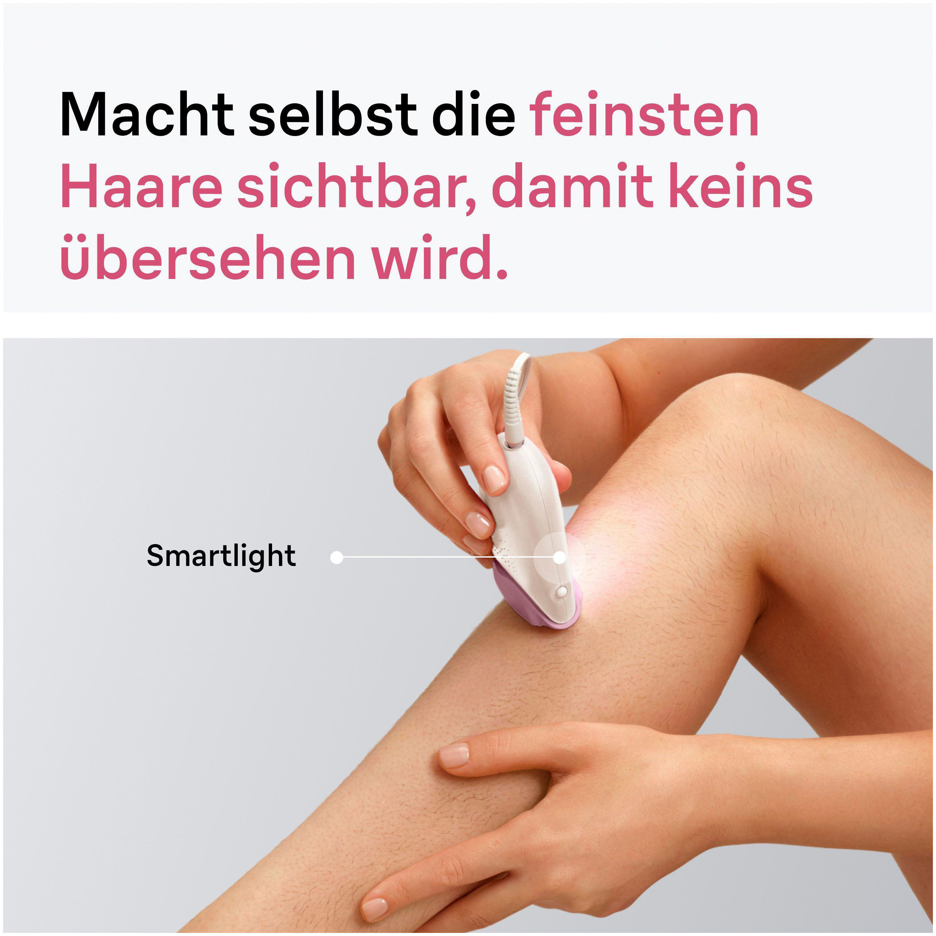 Eine Hand benutzt einen Epilierer am Bein, wobei das Smartlight beleuchtet wird.