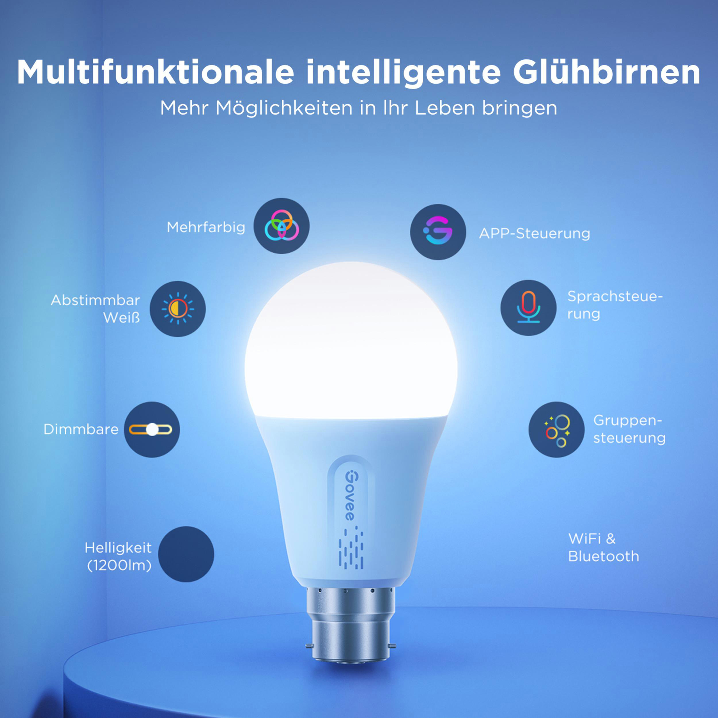 Eine intelligente Glühbirne mit Icons für Farben, Dimmbarkeit und Steuerung.
