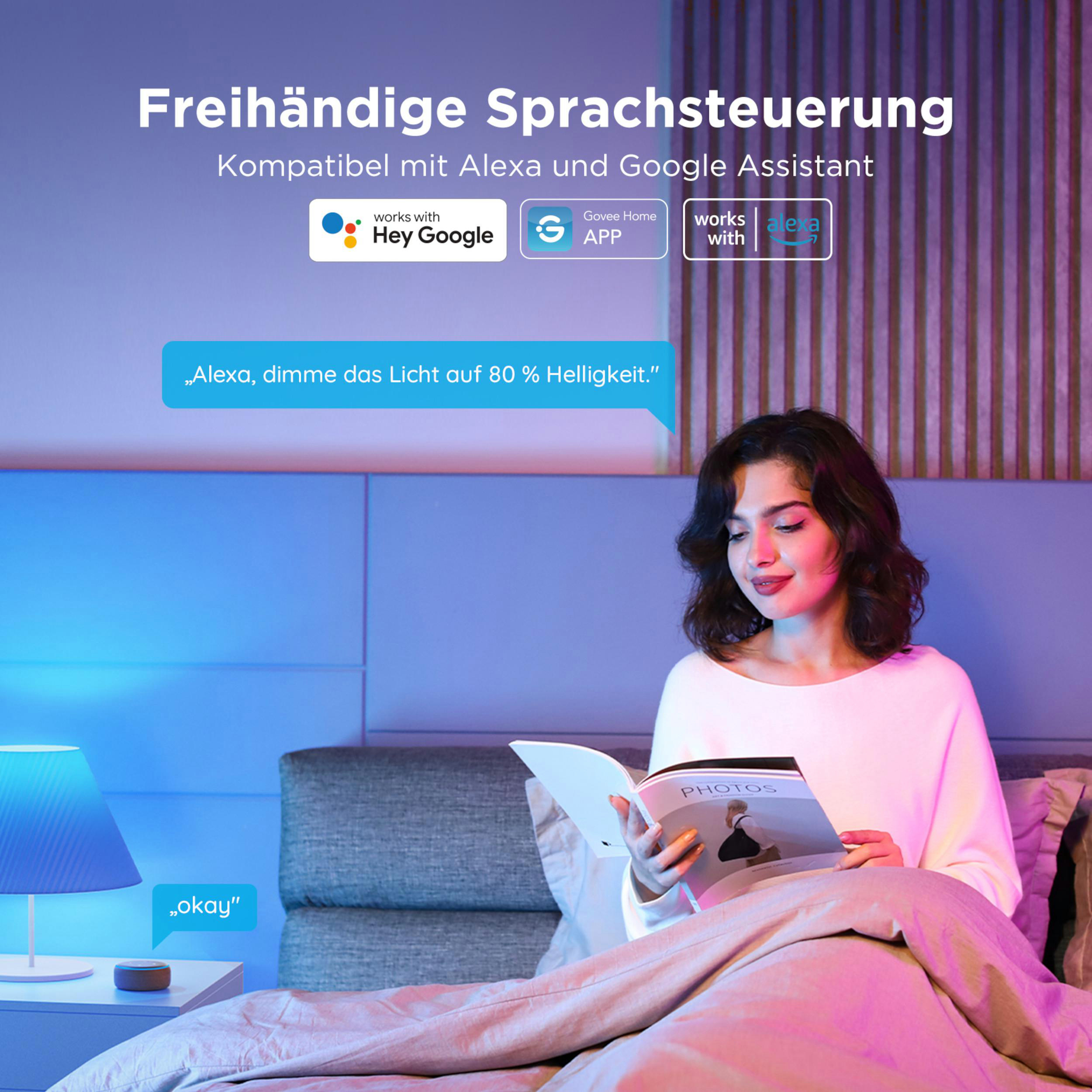 Eine Frau liest ein Buch im Bett, Sprachsteuerung per Alexa wird angezeigt.
