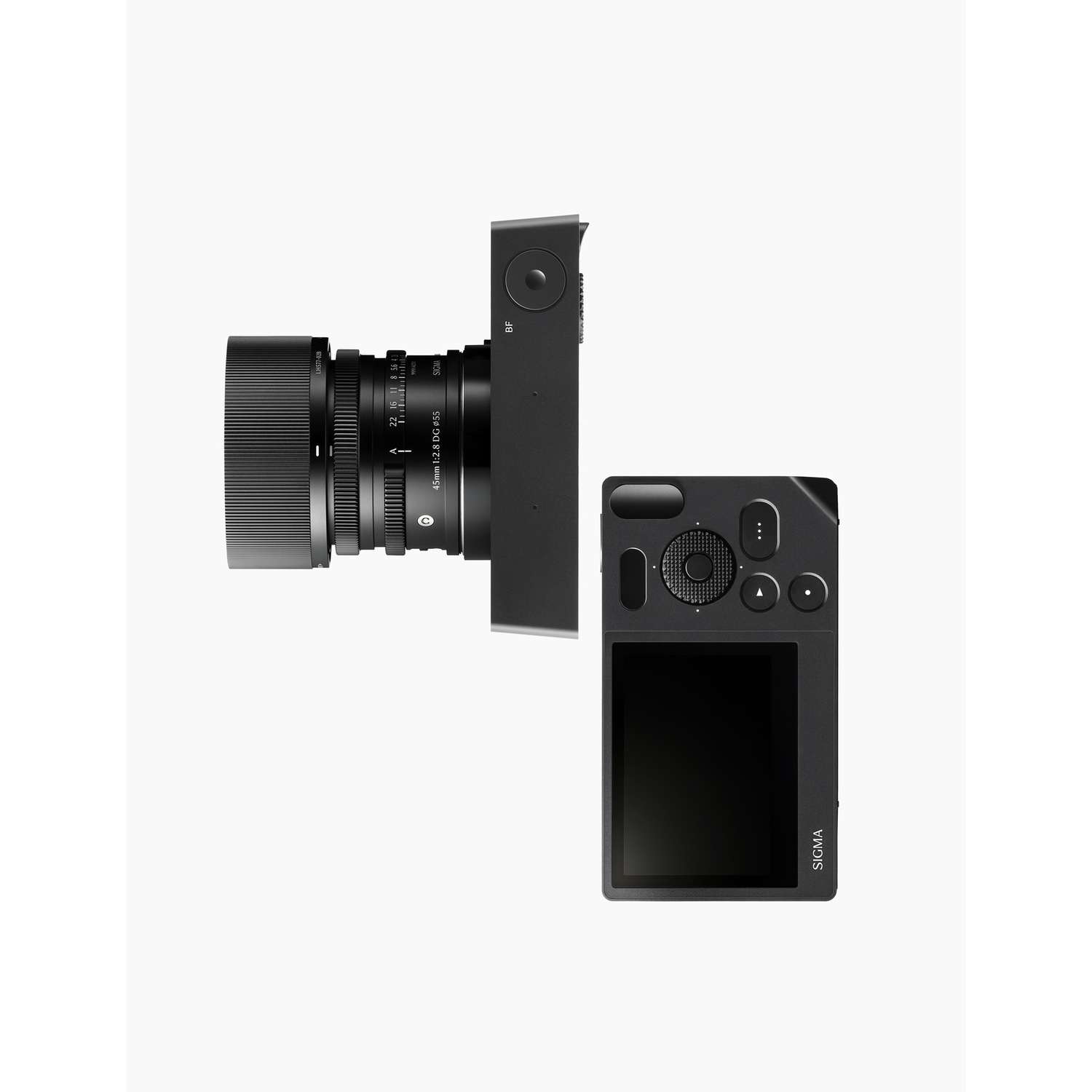 Fotocamera nera con obiettivo e corpo macchina separato con schermo.