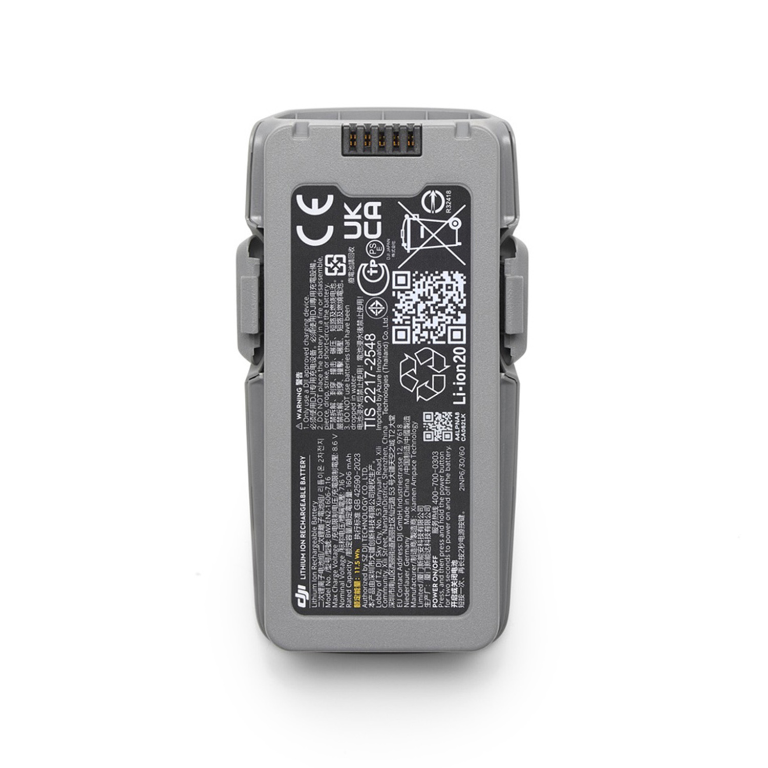 Batteria DJI grigia con marchi e codice QR. Marchio CE visibile in alto a sinistra.