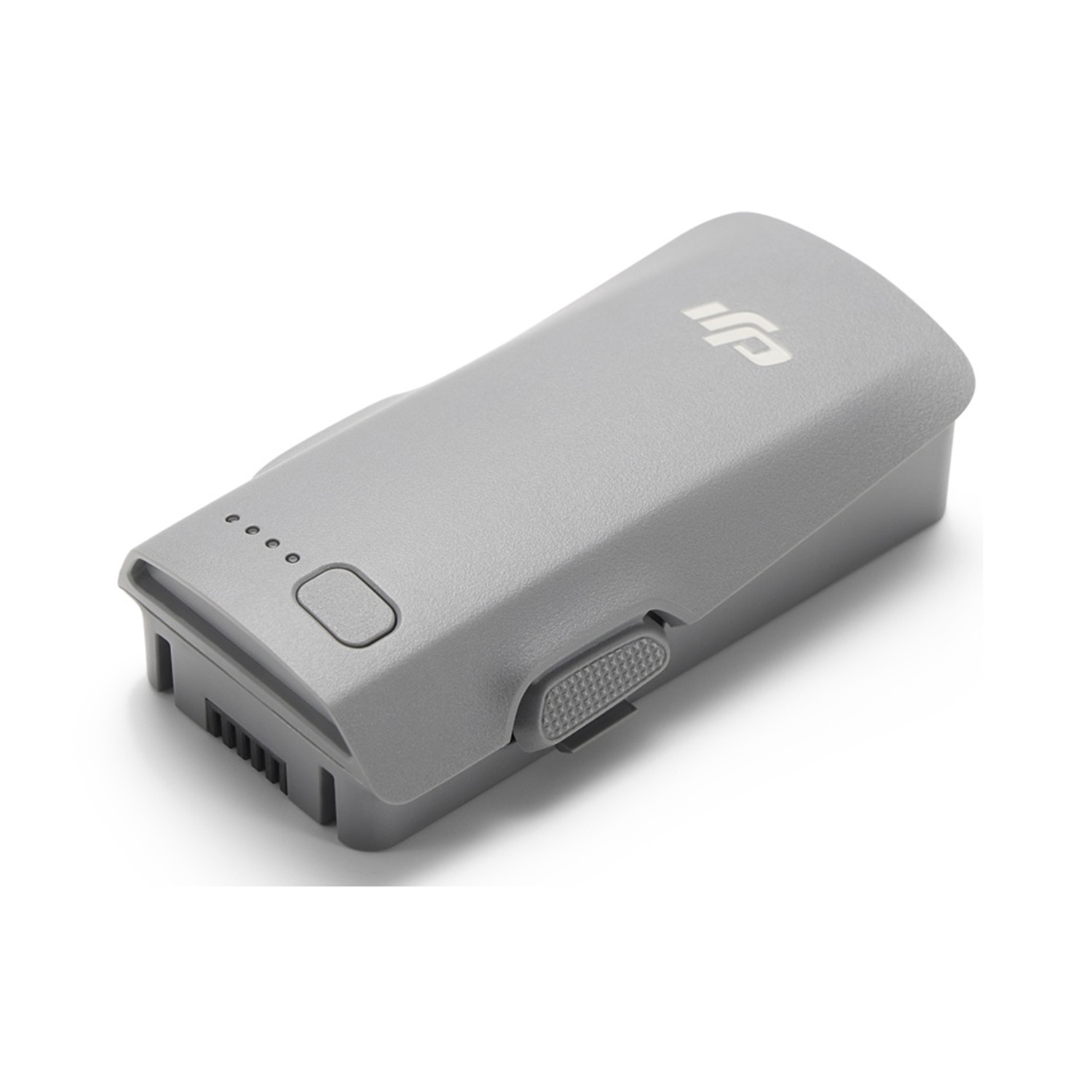 Batteria grigia con logo DJI e quattro spie luminose su sfondo bianco.