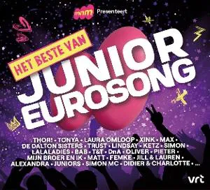 Couverture d'album avec le grand titre JUNIOR EUROSONG, étoiles et silhouette de personnes.