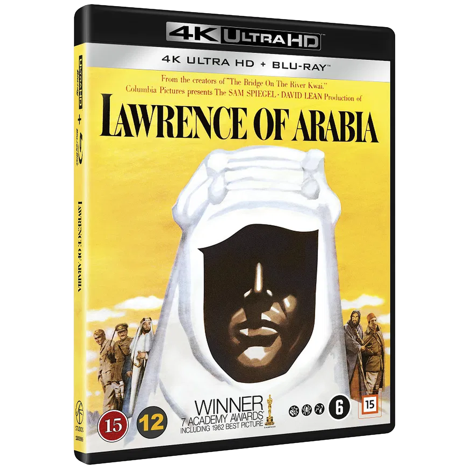 4K Blu-ray hoes van Lawrence of Arabia met gele cover art en filmscènes.