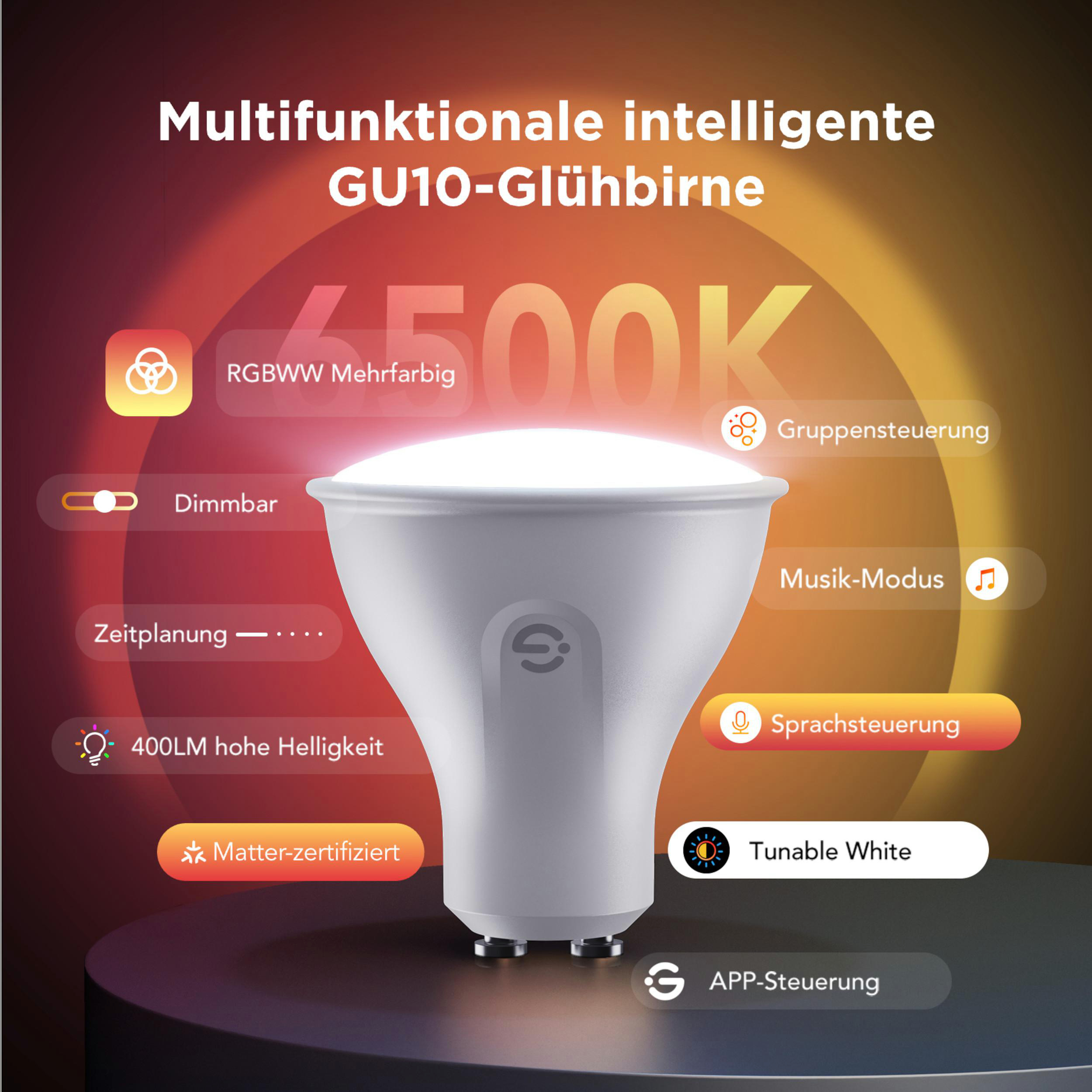 Intelligente GU10-Glühbirne mit RGBWW, Dimmbar, Zeitplanung, 400LM, Matter.
