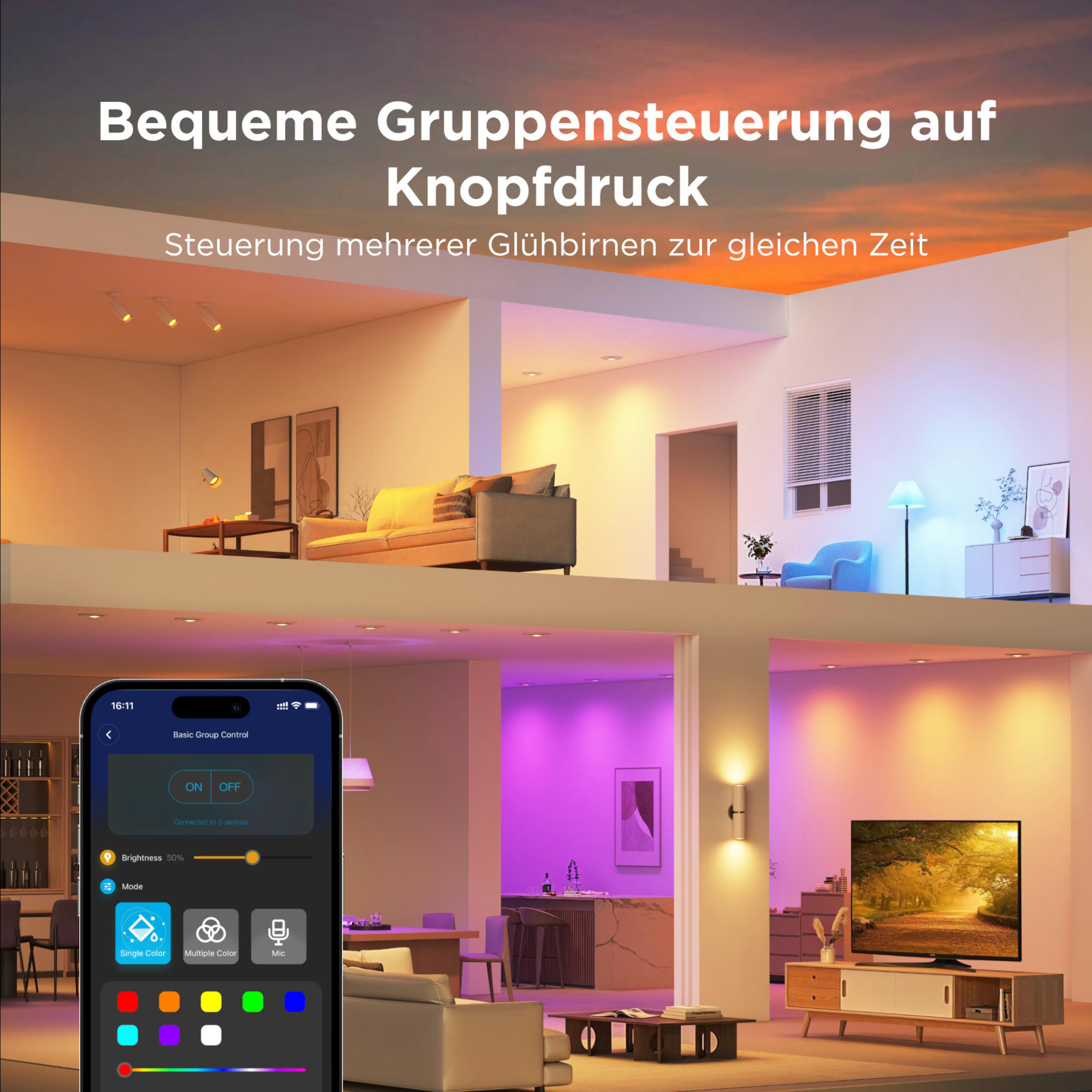 App-Steuerung von smarten Lampen in verschiedenen Räumen mit Farb- und Helligkeitsoptionen.