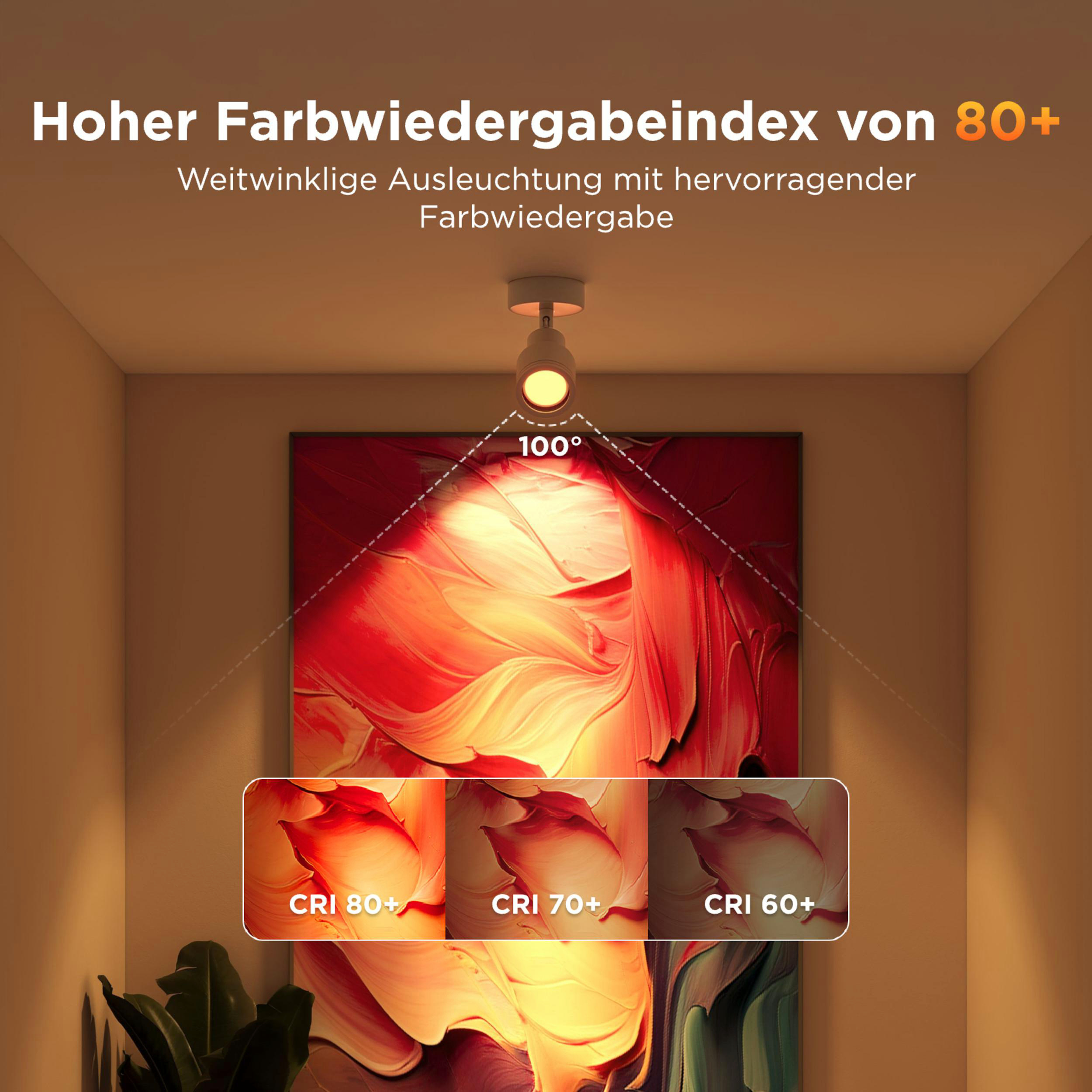Ein Deckenstrahler beleuchtet ein Bild mit 100 Grad Winkel. Vergleiche CRI-Stufen.