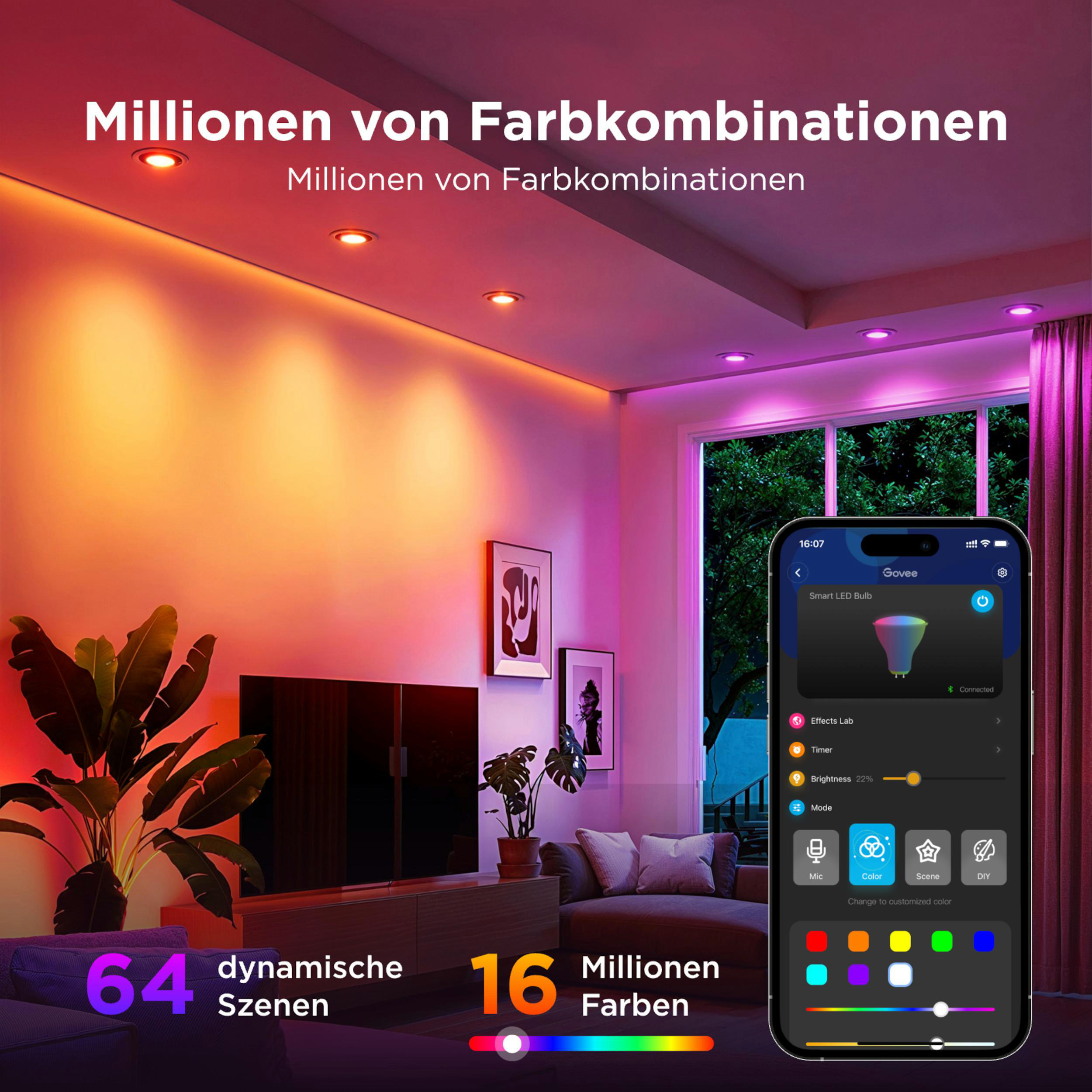 Ein Wohnzimmer mit bunten LED-Lampen und einer Steuerungs-App auf dem Handy.