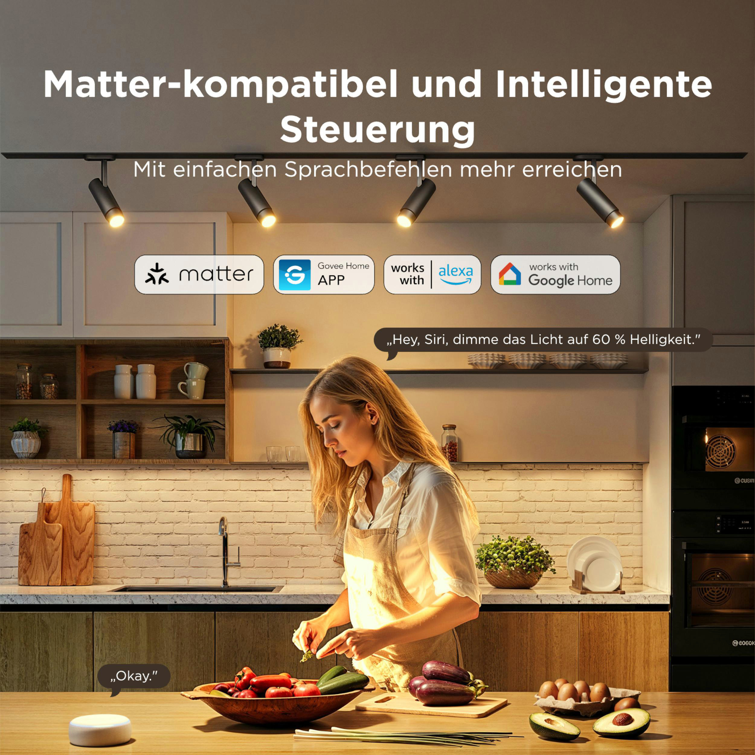 Eine Frau kocht in einer Küche, die mit Matter, Govee Home, Alexa und Google Home kompatibel ist.
