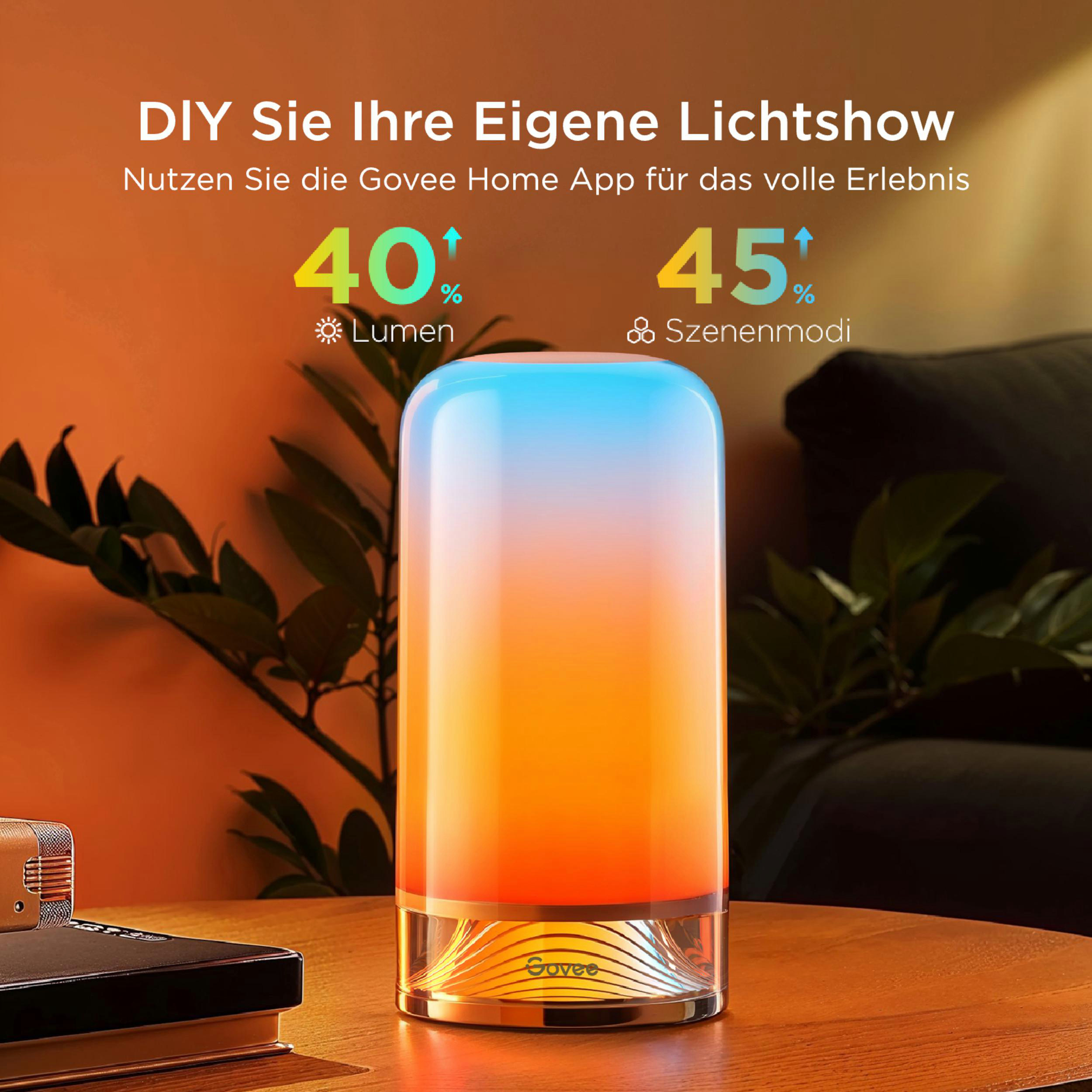 Eine Govee Lampe leuchtet in Orange, Blau und Gelb. Daten zeigen 40% Lumen und 45% Szenenmodi.