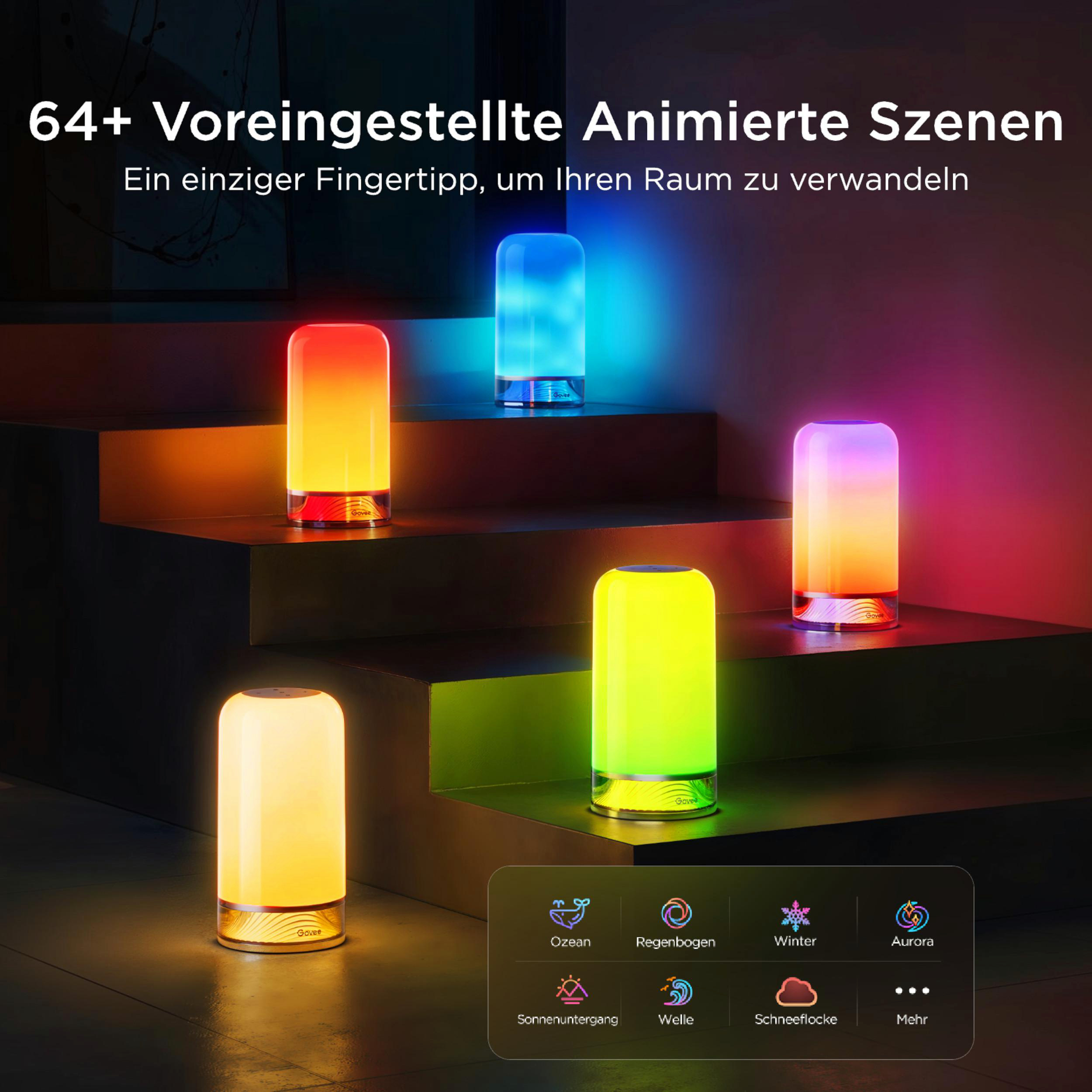 Vier bunte Lampen beleuchten Stufen. Unten sind Szenenauswahl-Icons.
