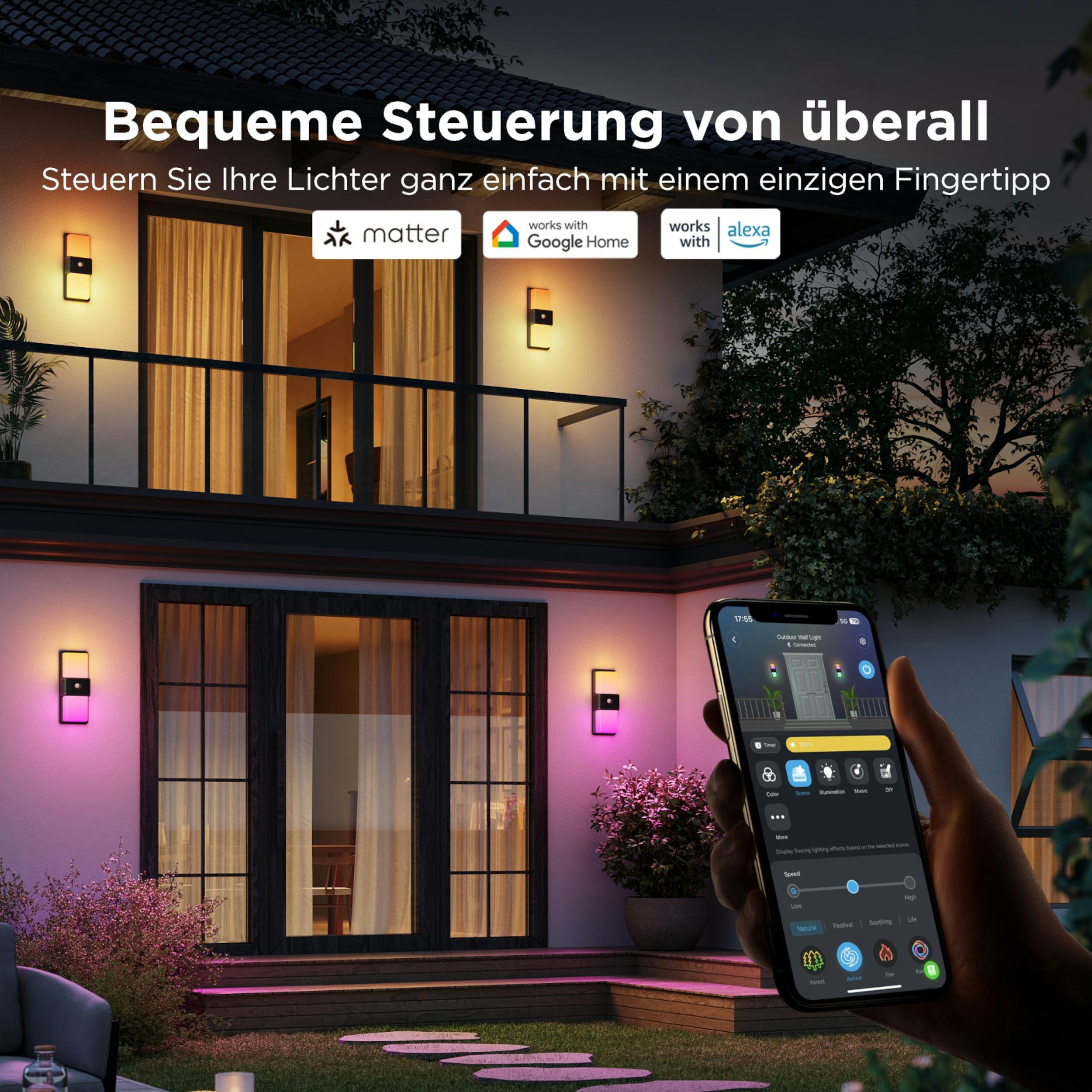 Haus mit beleuchteter Wand und Smartphone-Steuerung für Lichter.