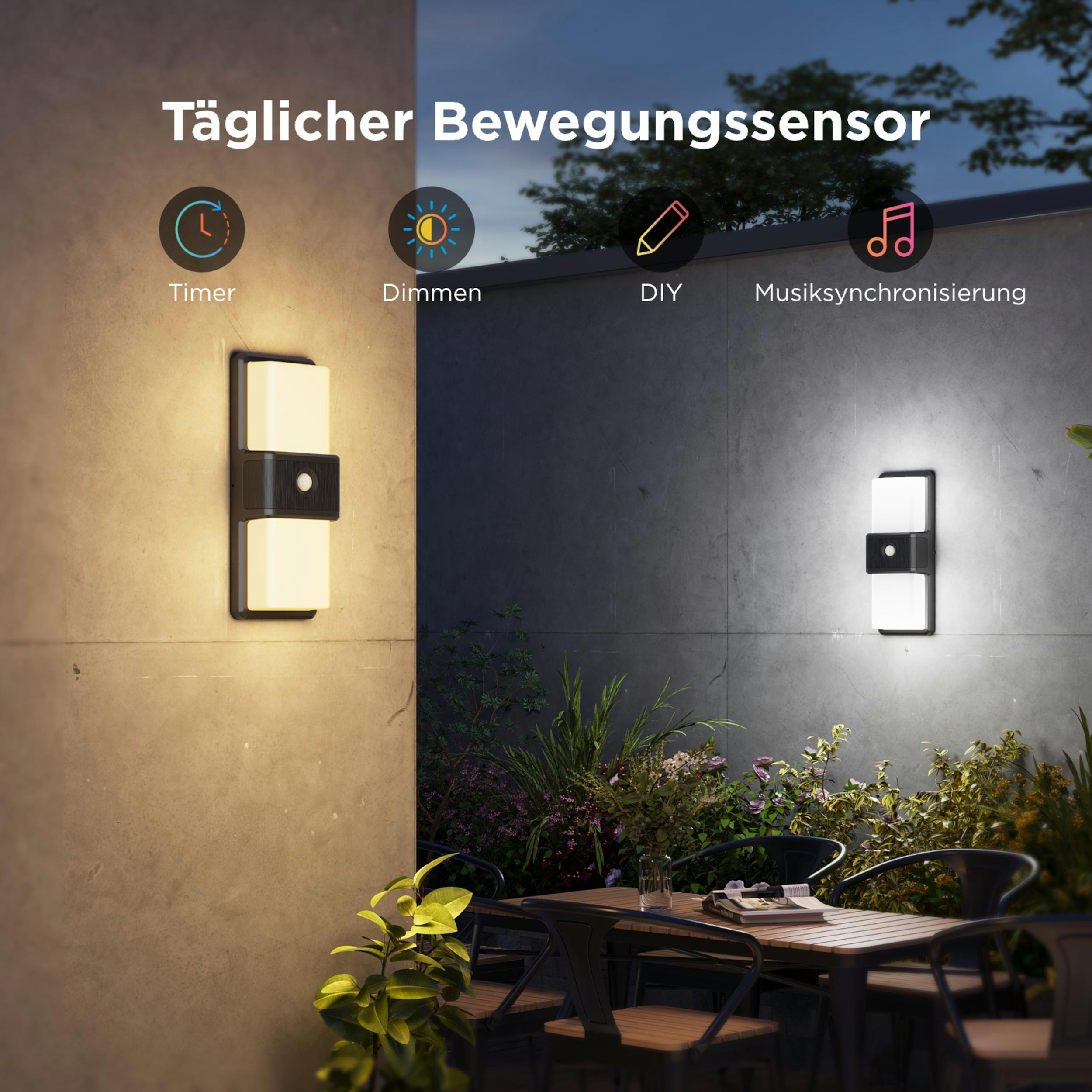 Außenwandleuchte mit Timer-, Dimm- und Musikfunktion.