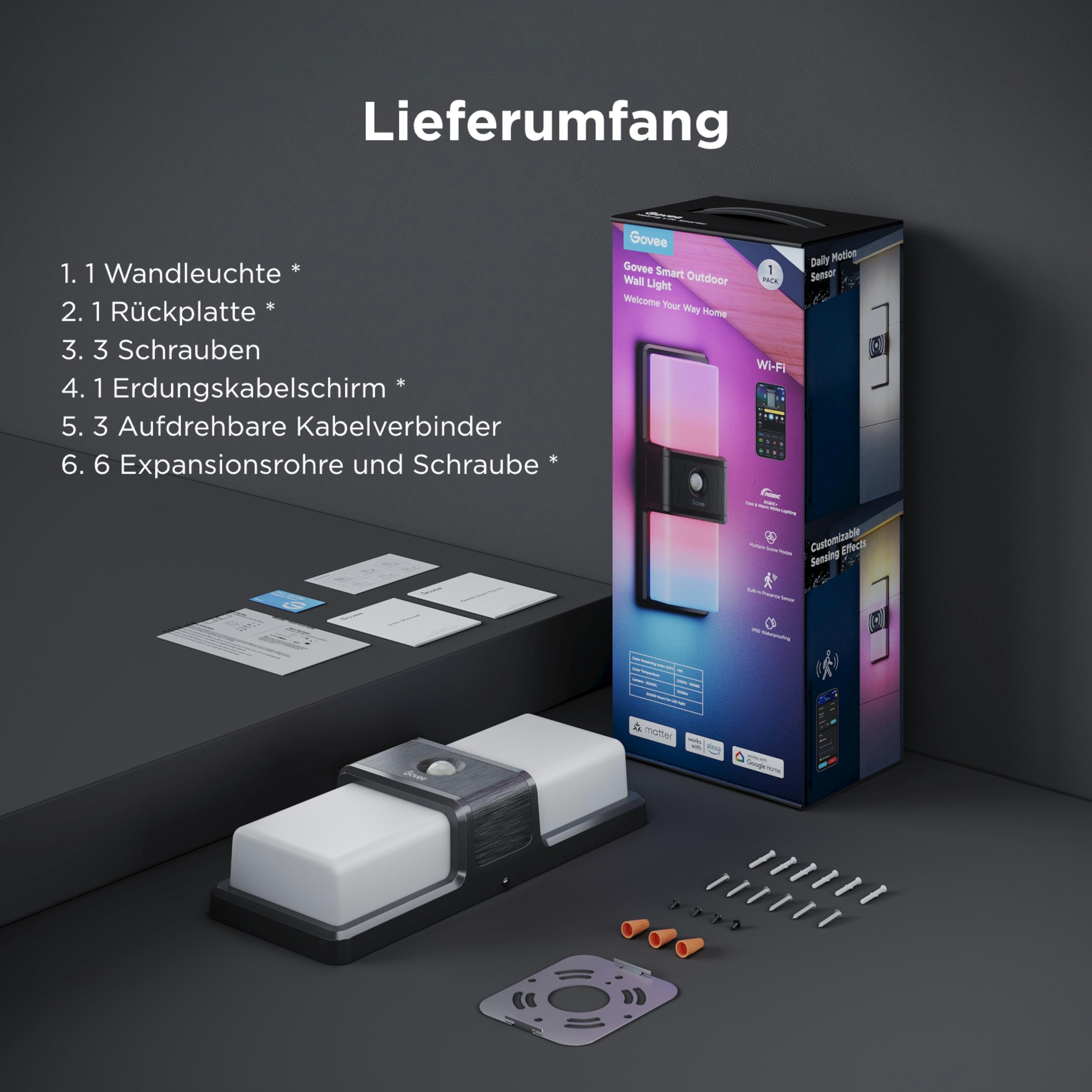 Govee Smart Outdoor Wandleuchte mit Zubehör, Schrauben und Anleitung.