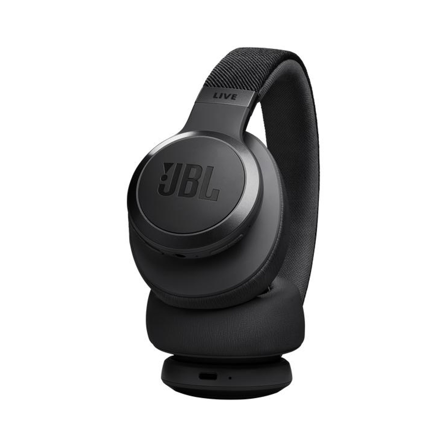 Cuffie JBL nere con archetto in tessuto e logo JBL argentato.