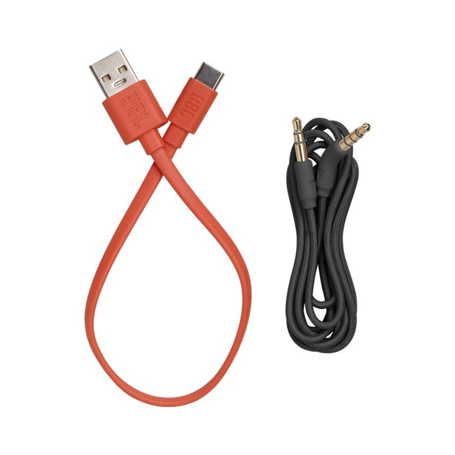 Un cavo USB-C arancione e un cavo audio nero con jack da 3,5 mm.