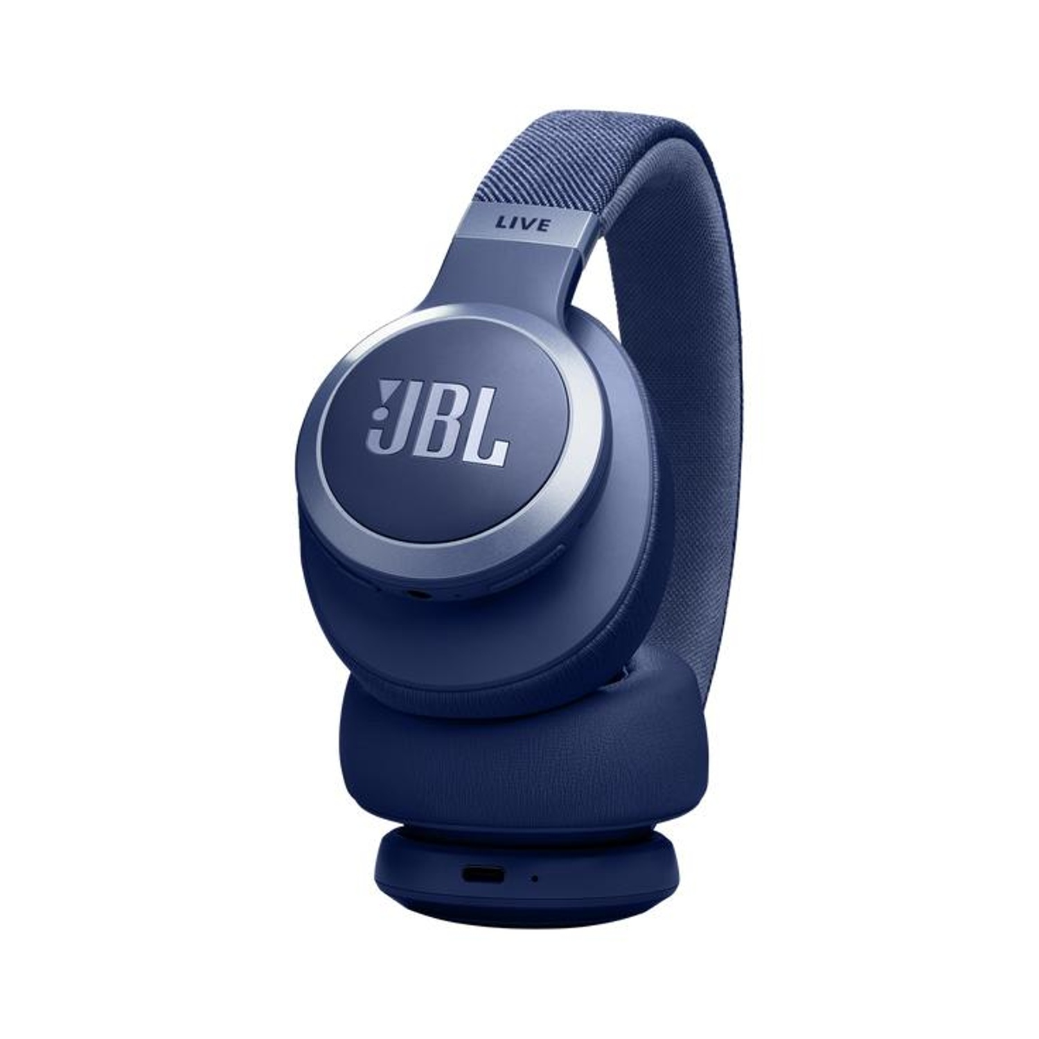 Cuffie JBL blu con accenti argentati e fascia in tessuto.
