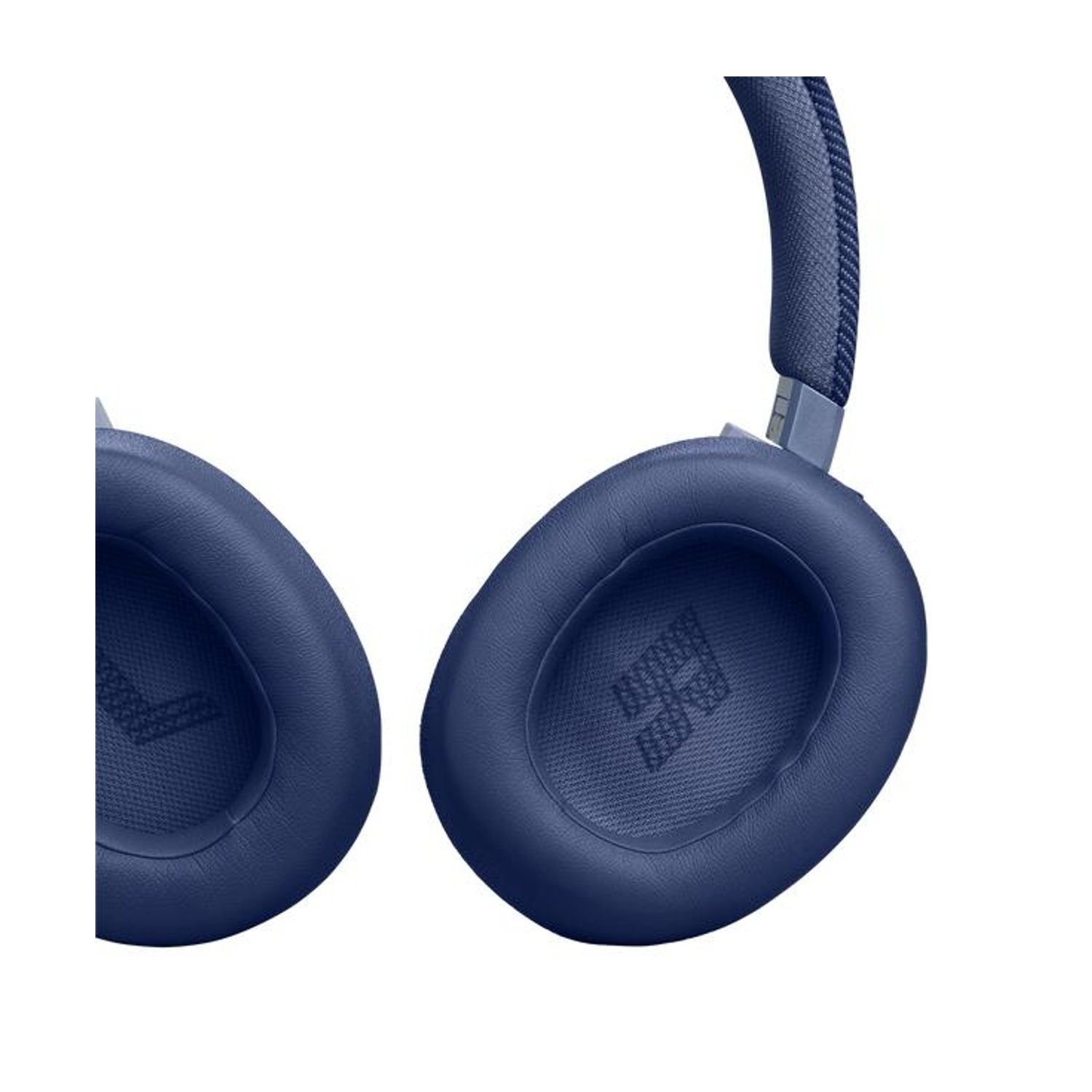 Cuffie blu scuro con padiglioni in tessuto e logo.