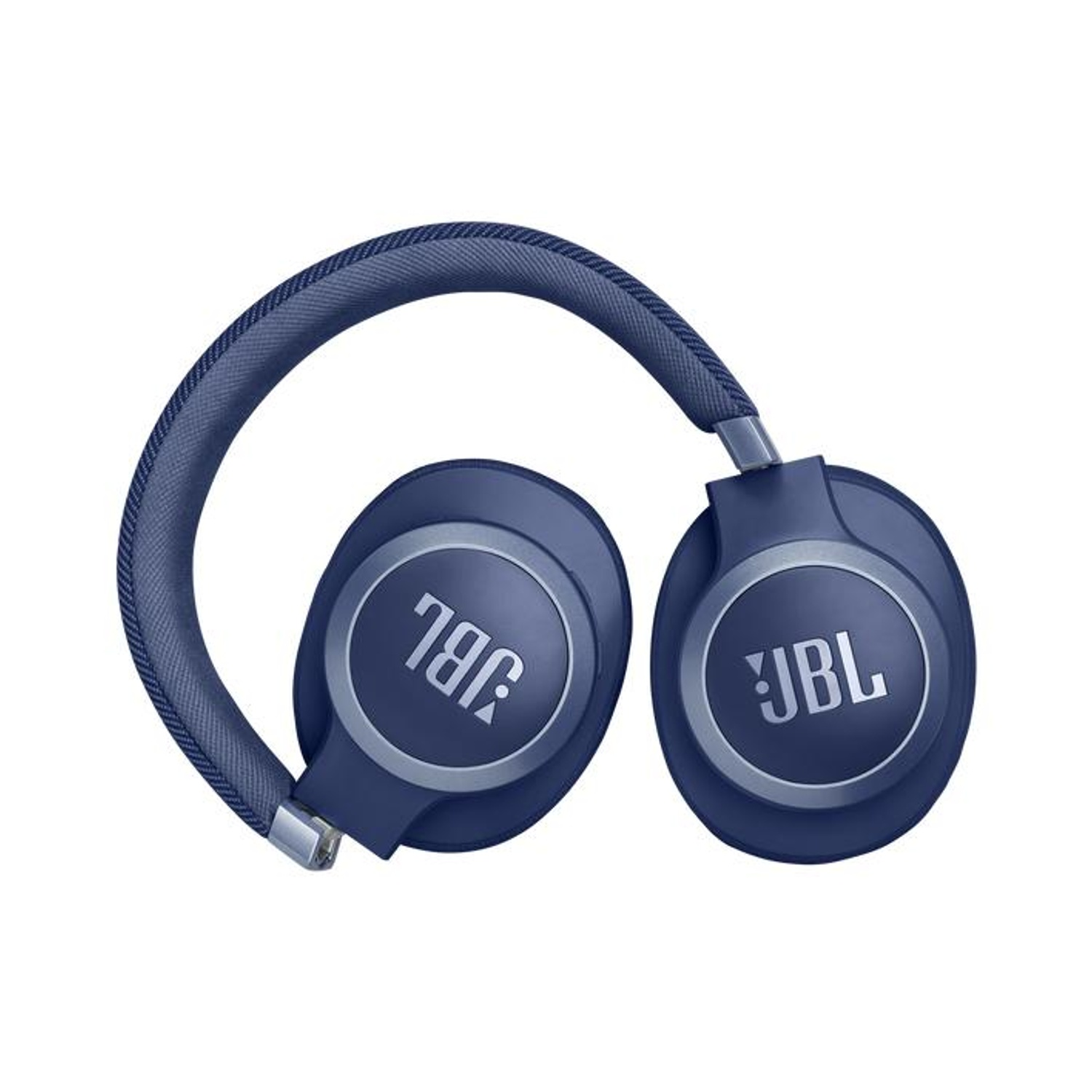 Cuffie JBL blu, piegate, con accenti argentati.