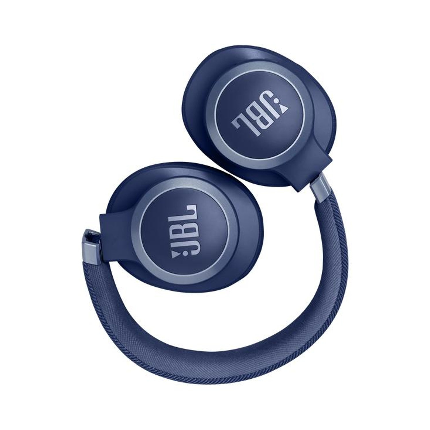Cuffie JBL blu scuro con archetto imbottito e accenti argentati.