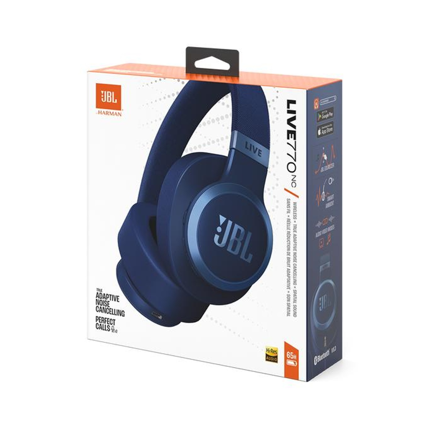 Scatola di cuffie JBL Live 770 NC blu scuro con cancellazione del rumore.