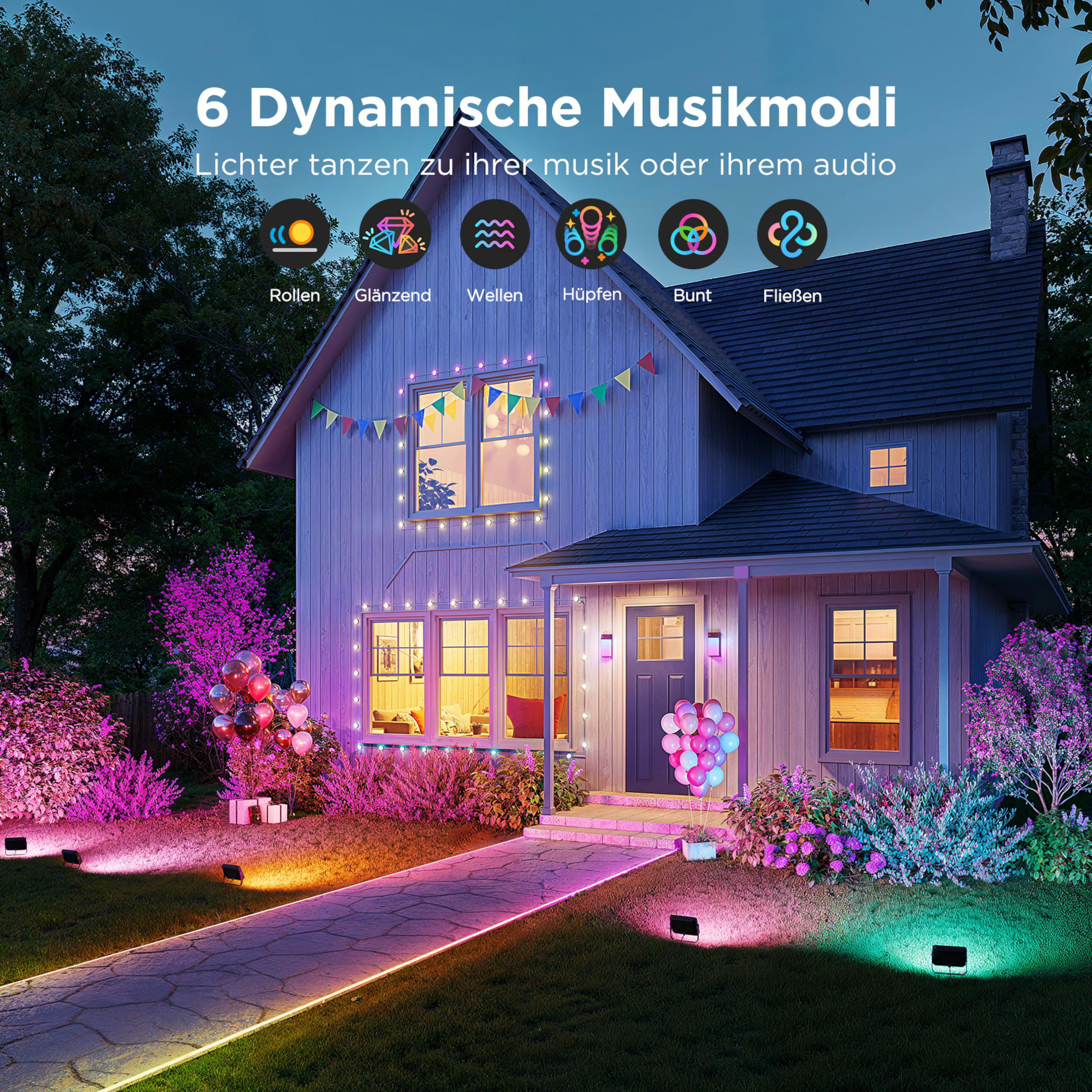 Haus mit bunter Beleuchtung, Luftballons und Lichterketten.