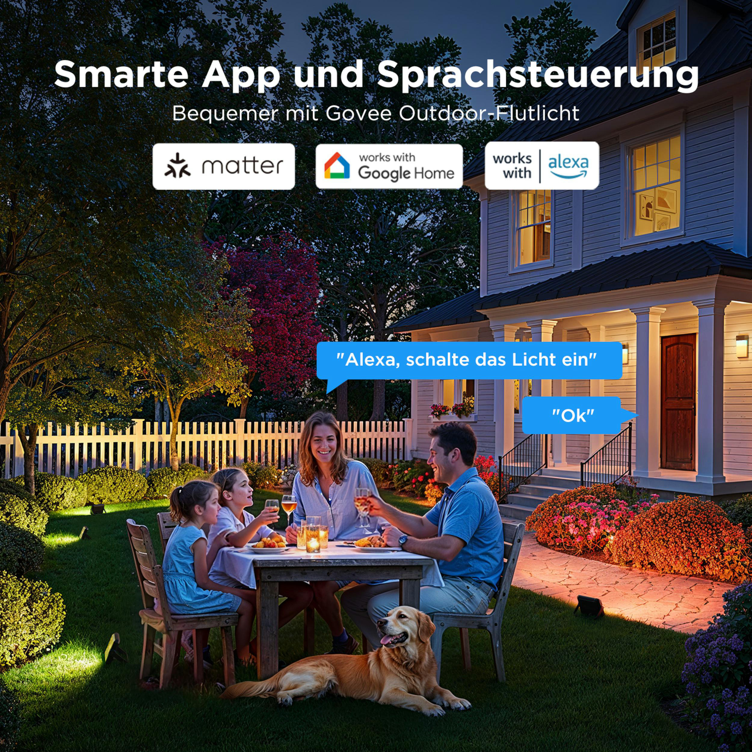 Familie genießt Abendessen im Garten mit Govee Außenleuchten, gesteuert per App.