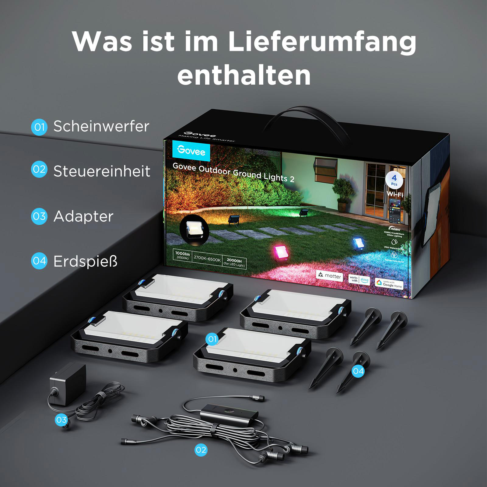 Govee Outdoor Ground Lights 2 Set mit vier Scheinwerfern, Steuereinheit, Adapter und Erdspießen.