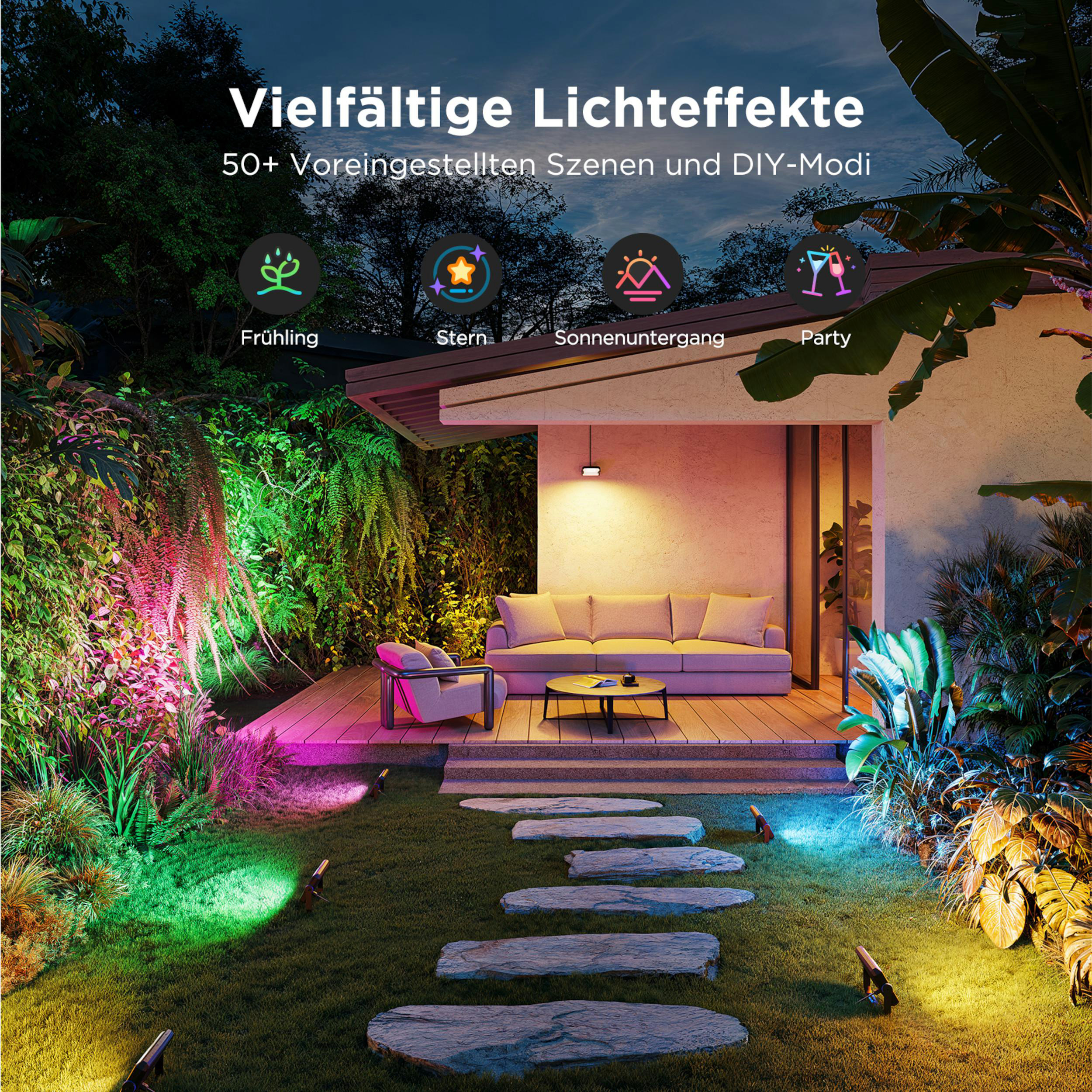 Garten mit bunten Lichtern, Sitzbereich und Steinen.