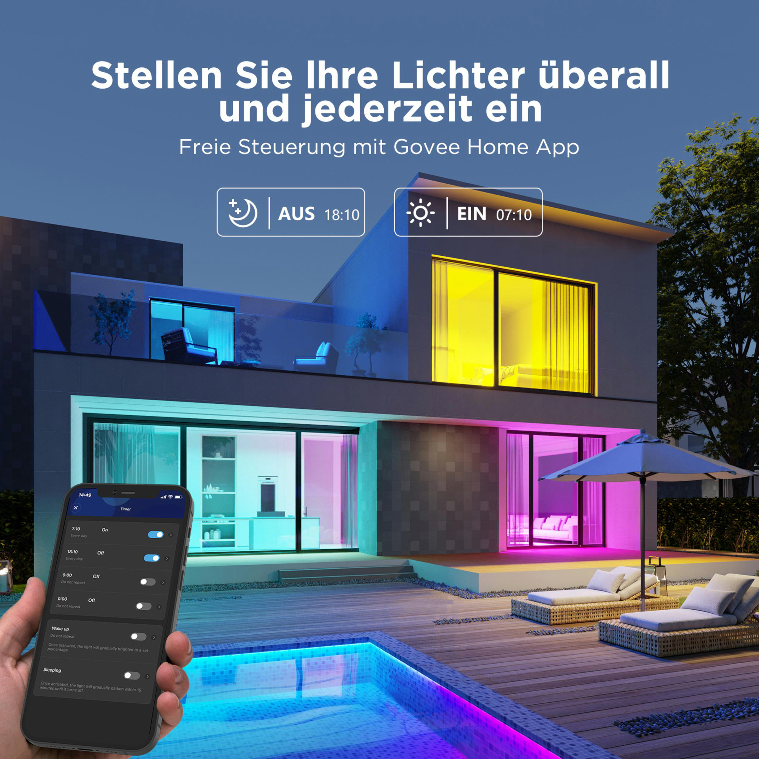 Ein modernes Haus mit bunten Lichtern, ein Handy mit Govee App ist sichtbar.