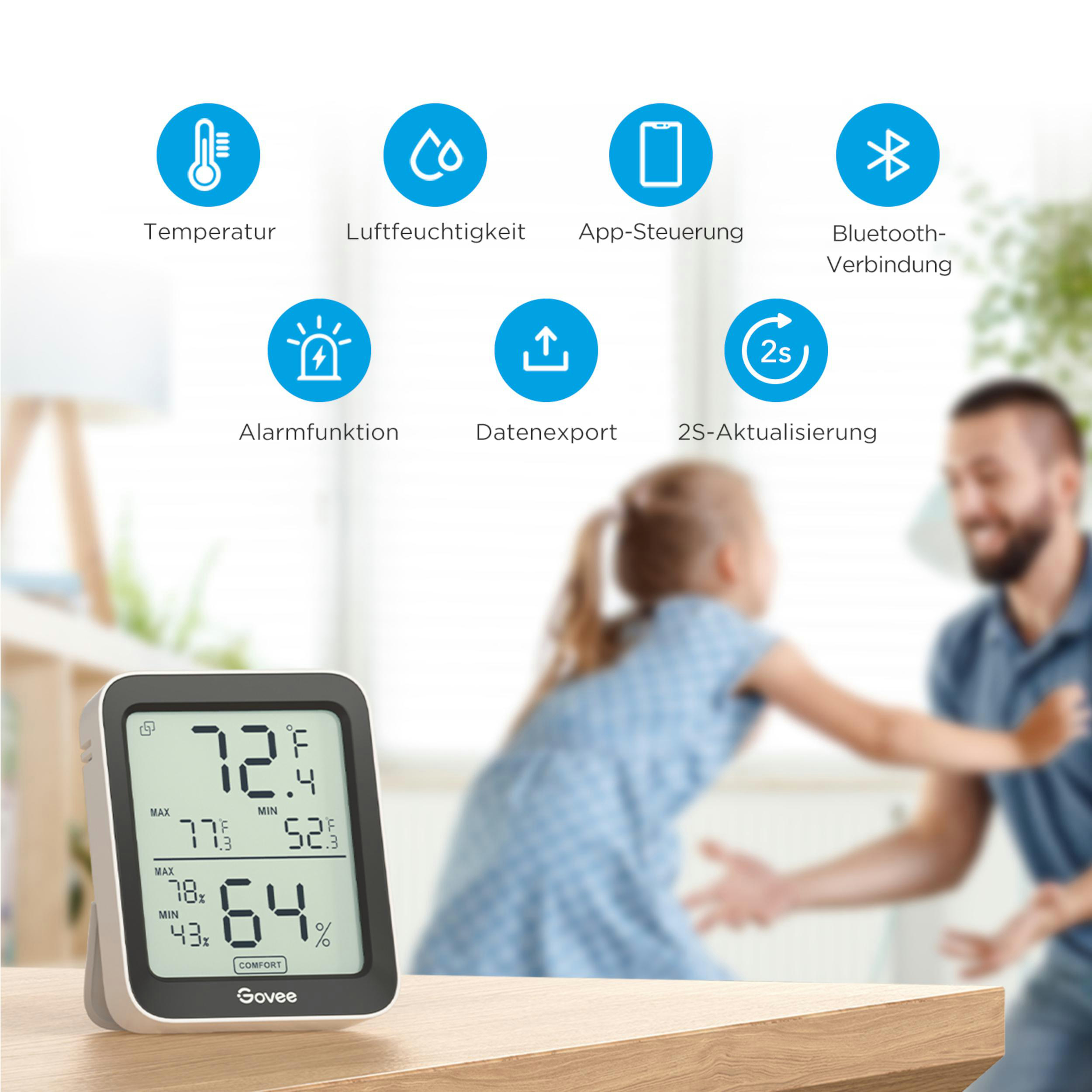 Ein Govee-Thermometer zeigt Temperatur und Luftfeuchtigkeit an. Icons: Thermometer, Wassertropfen, Smartphone, Bluetooth, Alarm, Upload, 2s.