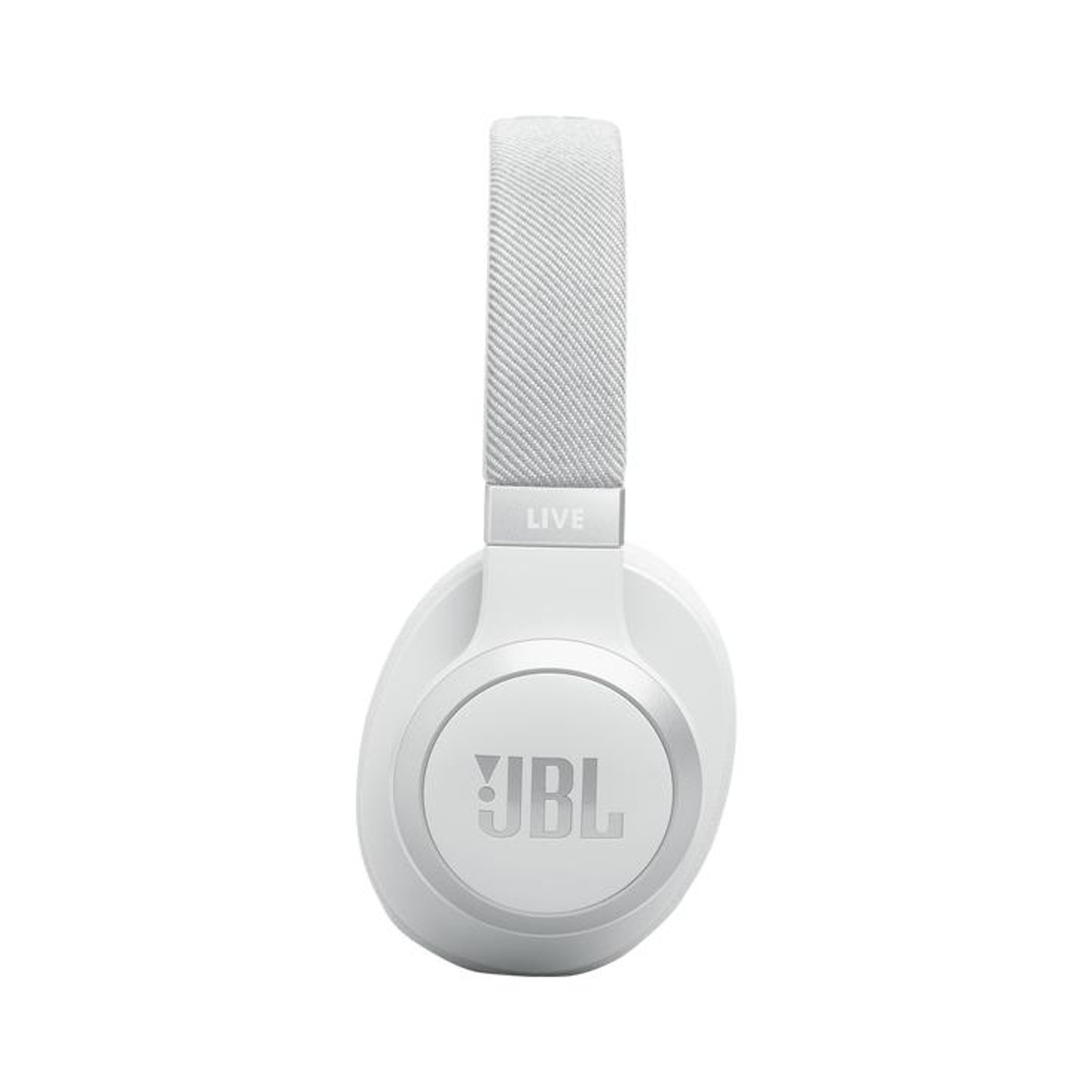Cuffie bianche con logo JBL argentato e archetto in tessuto.