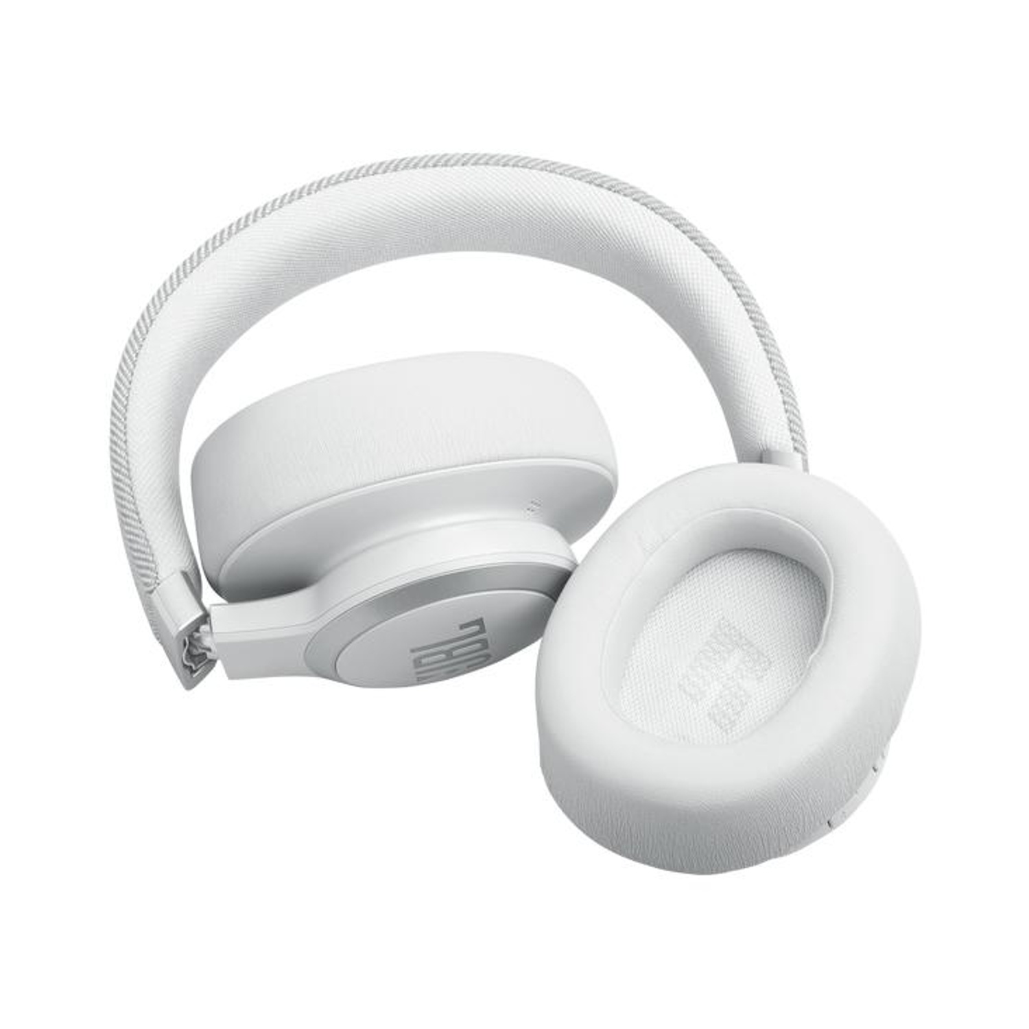 Cuffie bianche con archetto e padiglioni imbottiti, su sfondo bianco.