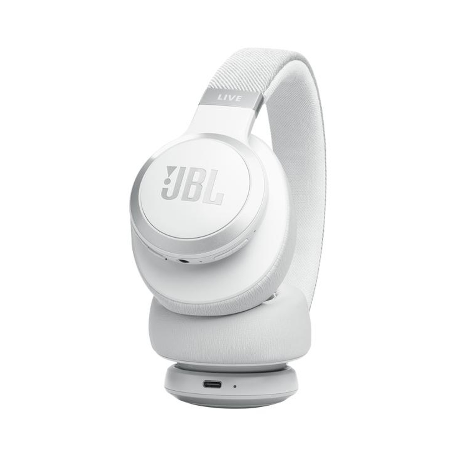 Cuffie JBL bianche con logo JBL argentato e archetto in tessuto.