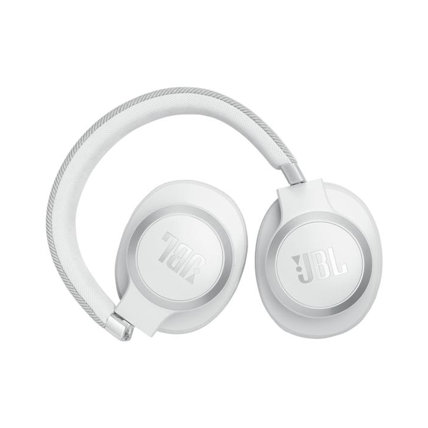 Cuffie JBL bianche con accenti argentati su sfondo bianco.