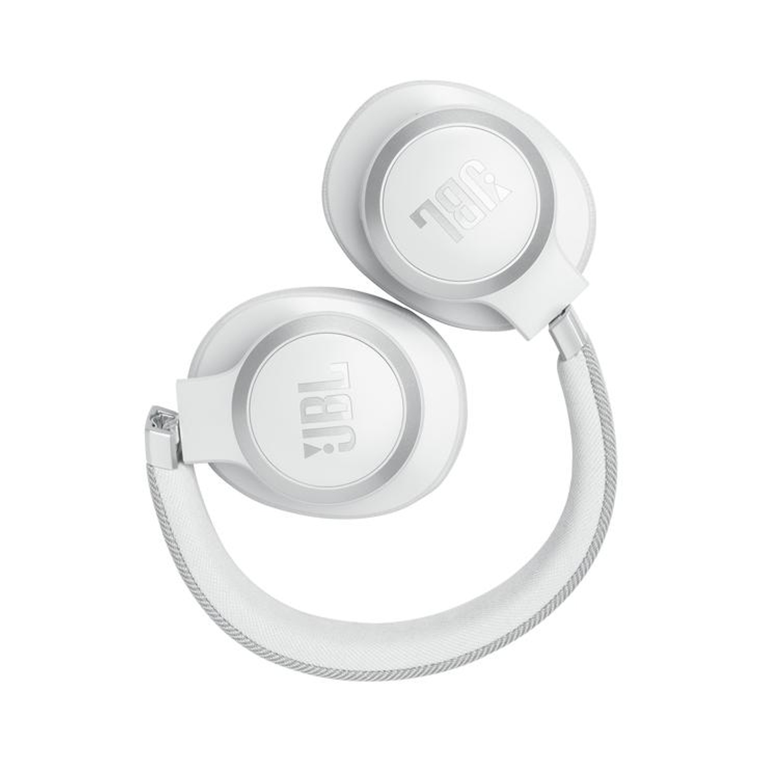 Cuffie JBL bianche con fascia argentata, su sfondo bianco.