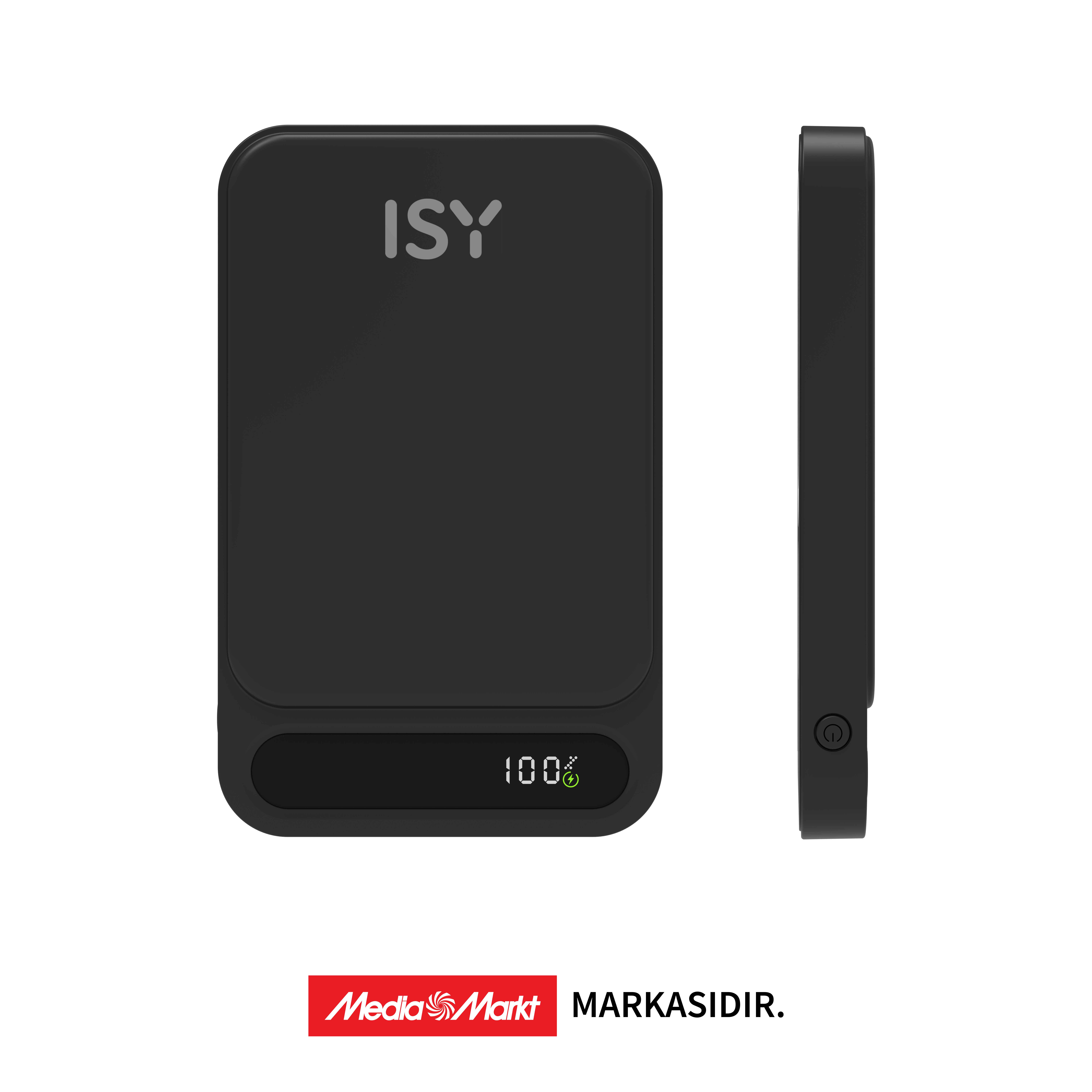 Siyah ISY powerbank, %100 şarj ve MediaMarkt logosu gösteriyor.