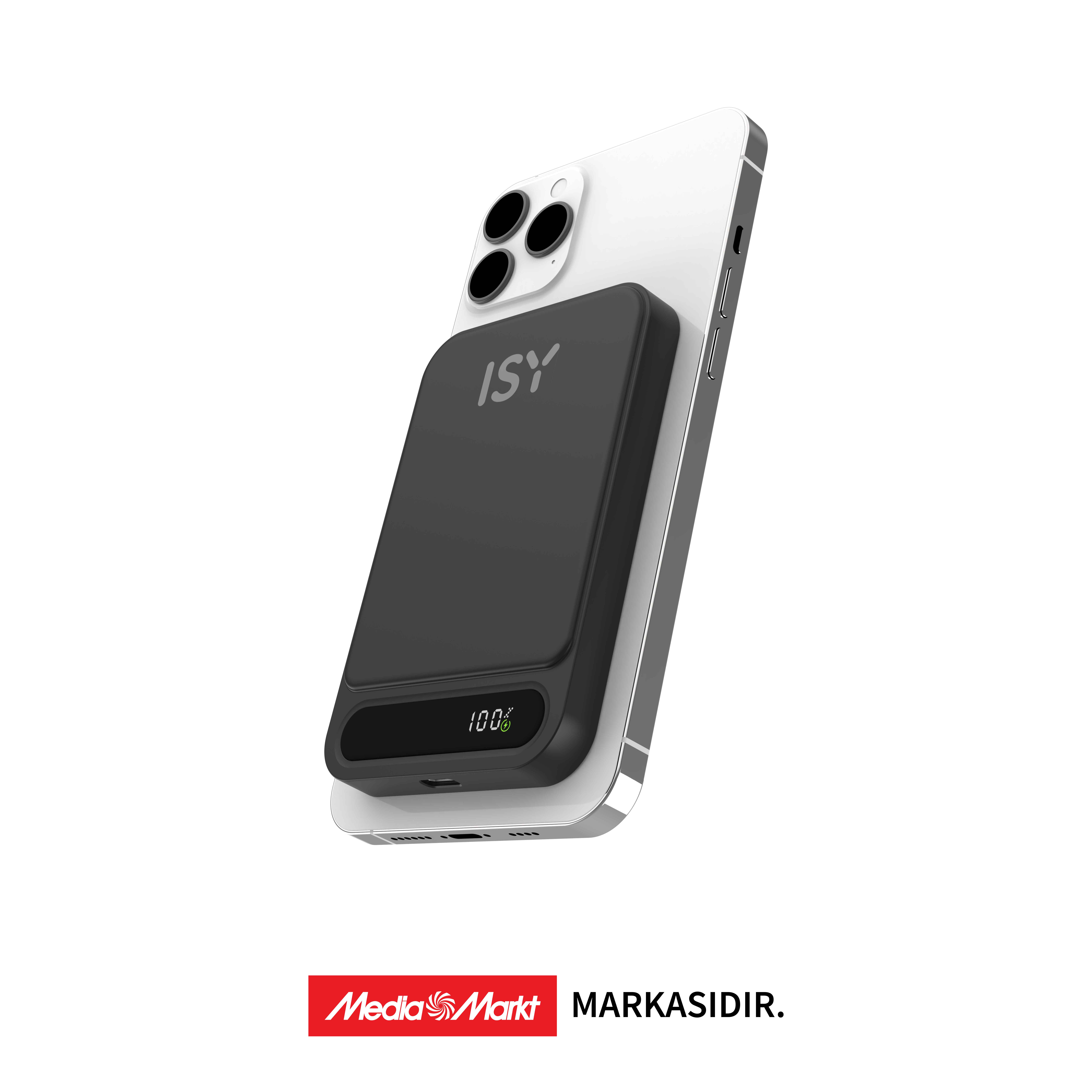 100 şarj gösteren siyah bir ISY powerbank beyaz bir iPhone'a takılıdır.