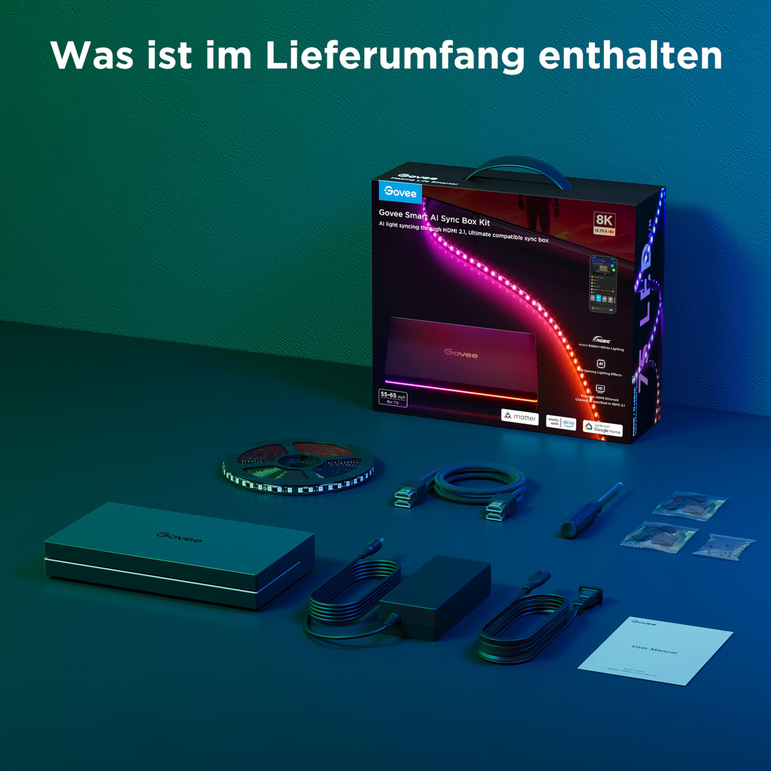 Govee Smart AI Sync Box Kit mit LED-Streifen, Kabeln, Netzteil und Anleitung.