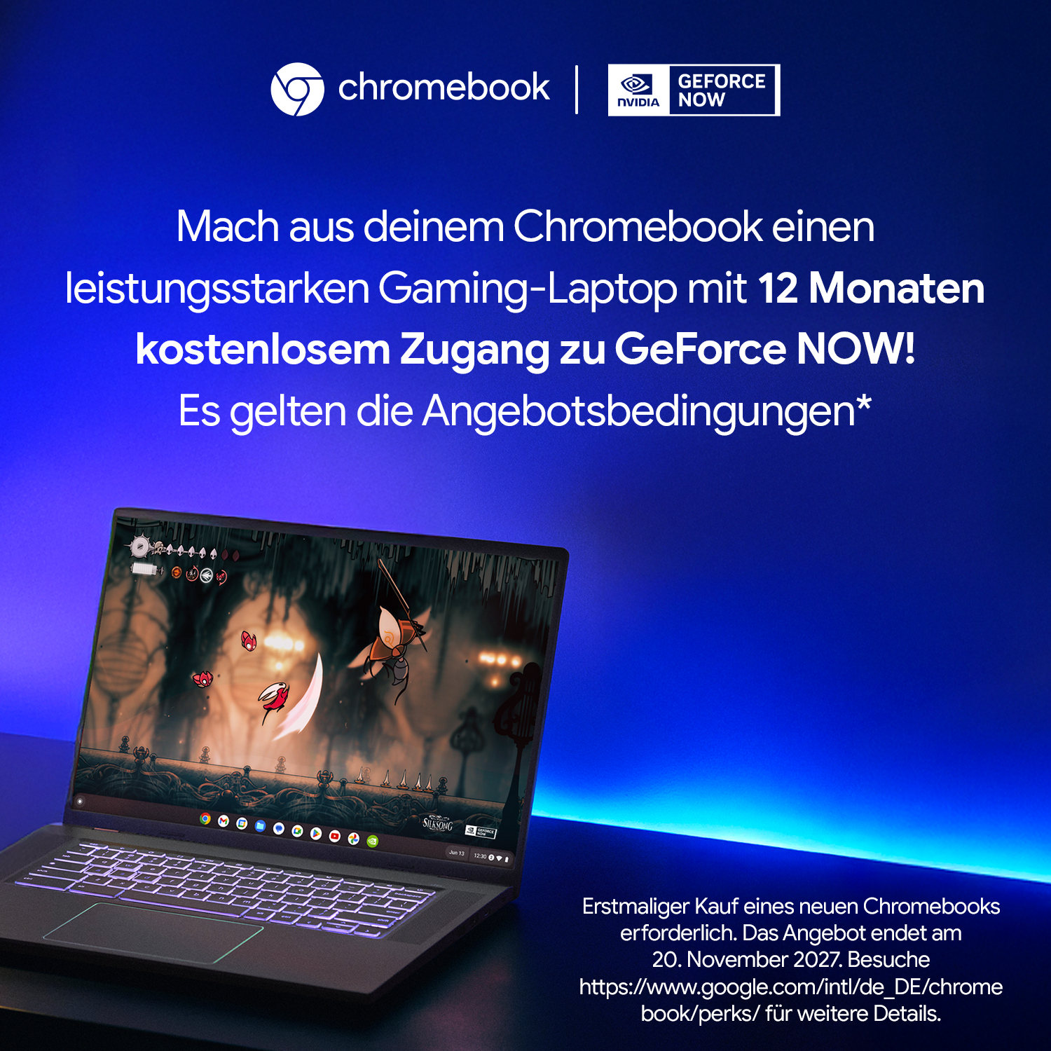 Ein Chromebook mit GeForce NOW Logo und einem Spiel auf dem Bildschirm.